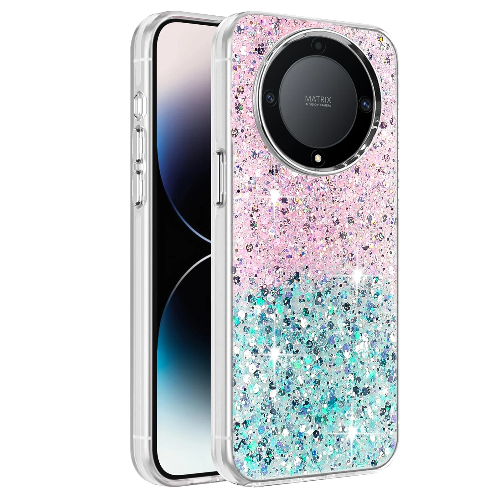 DL3 Mobilak Glitter Protective Case for Honor X9a, Supports wireless charging, Camera protection, Shock-absorbing protection - Pink Green