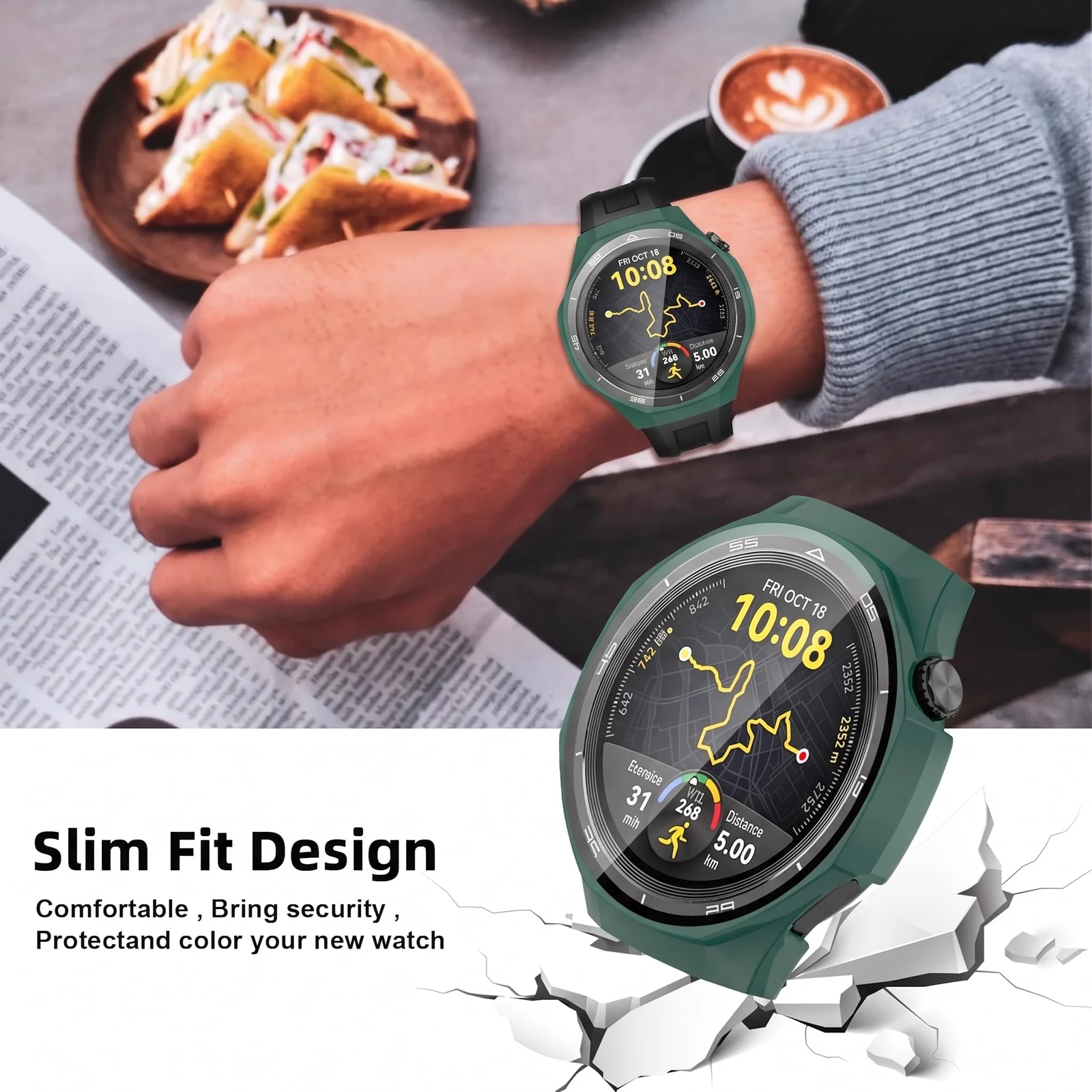 DL3 MOBILAK Full-Coverage Watch Case with Tempered Glass for Huawei Watch GT 5 Pro 46 mm, Green