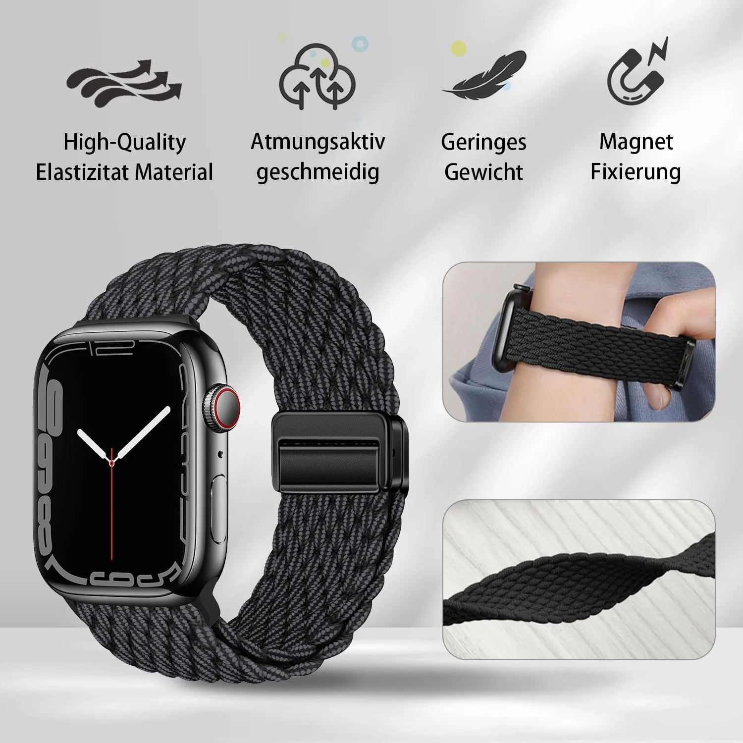 DL3 Mobilak Sport Solo Loop Compatible with Apple Watch Band 42mm 44mm 45mm 46mm 49mm for Women Men, Magnetic Strap Stretchy Braided Wristband for iWatch Series 11 10 9 8 7 6 5 4 3 Ultra 3 2 1 SE SE2 - Black Grey