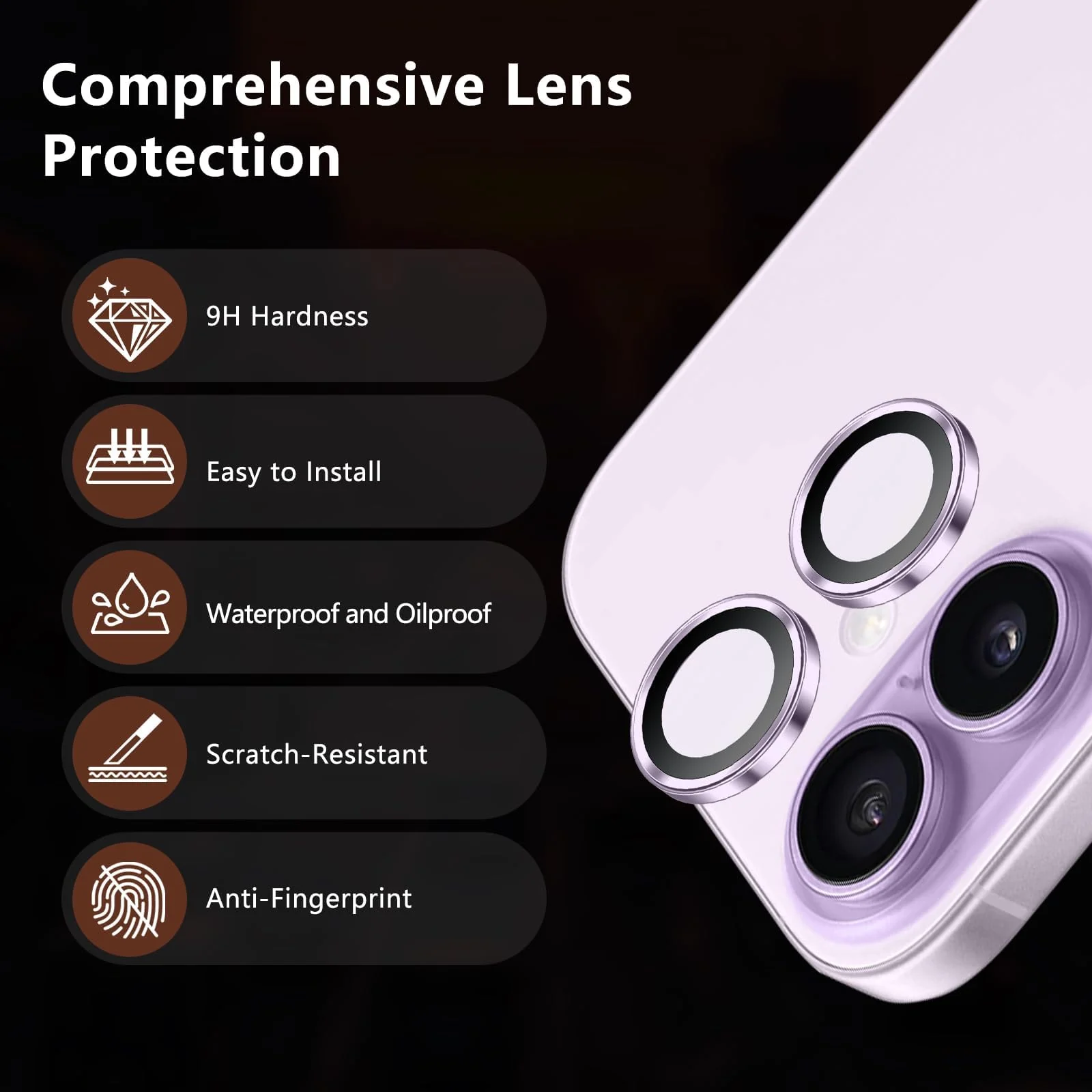 DL3 Mobilak Camera Lens Protector for iPhone 17 Accessories, 9H Tempered Glass Metal Individual Ring Camera Cover Screen Protector, Case Friendly, Anti Scratch - Lavender