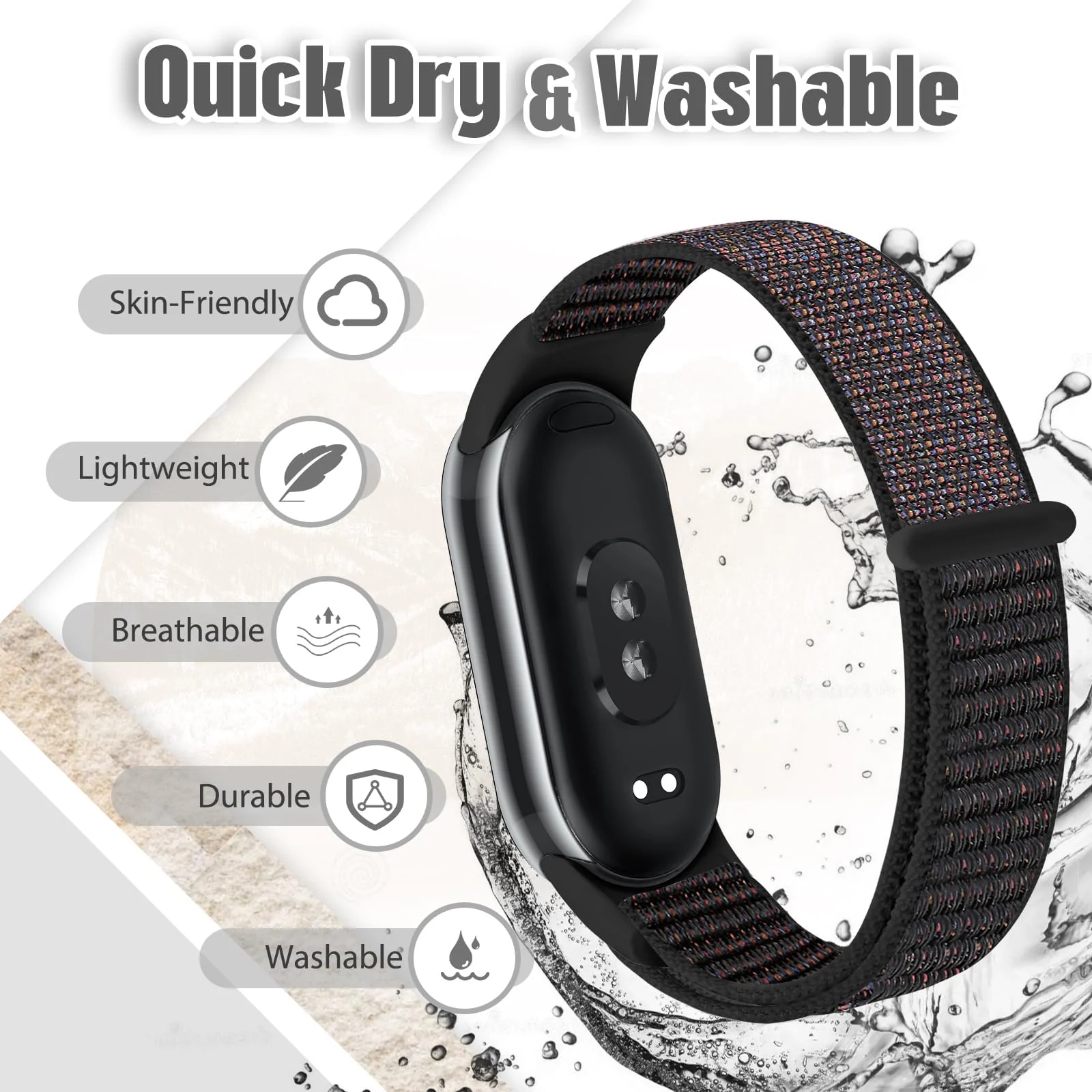 DL3 Mobilak Nylon Sport Band Compatible with Xiaomi Mi Band 10/9/8 for Women Men, Soft Adjustable Breathable Sport Loop Watch Strap Replacement Wristband for Xiaomi Smart Band 8/9/10 - Official Black