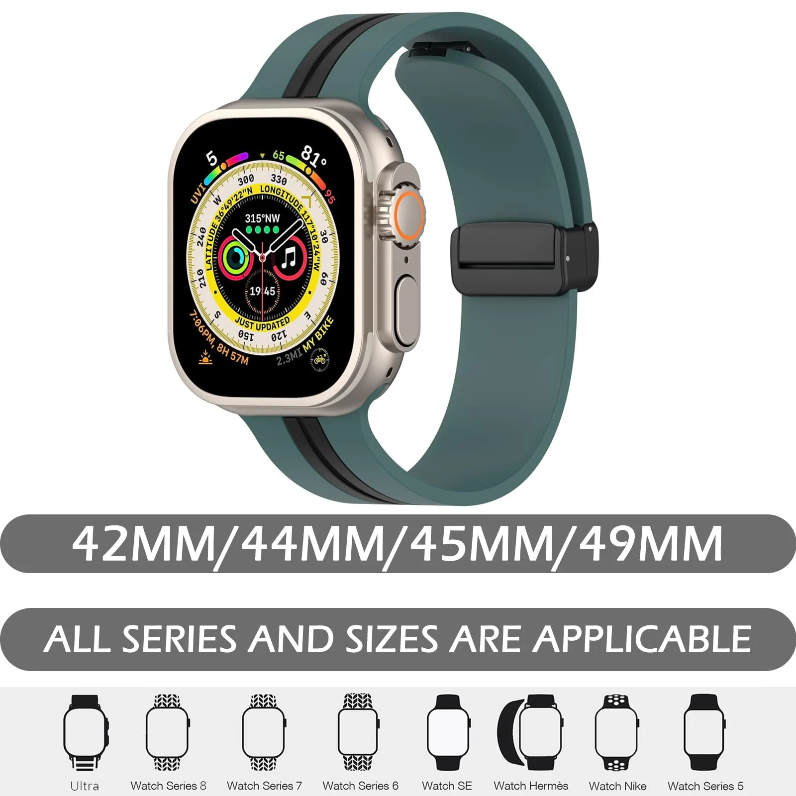 DL3 Mobilak Magnetic Bands for Apple Watch Ultra/Ultra 2 Band 49mm 45mm 44mm 42mm 41mm 40mm 38mm, Soft Sport Silicone Strap for iwatch Series 9/8/7/6/5/4/3/2/1/SE (42mm/44mm/45mm/49mm) - Green Black