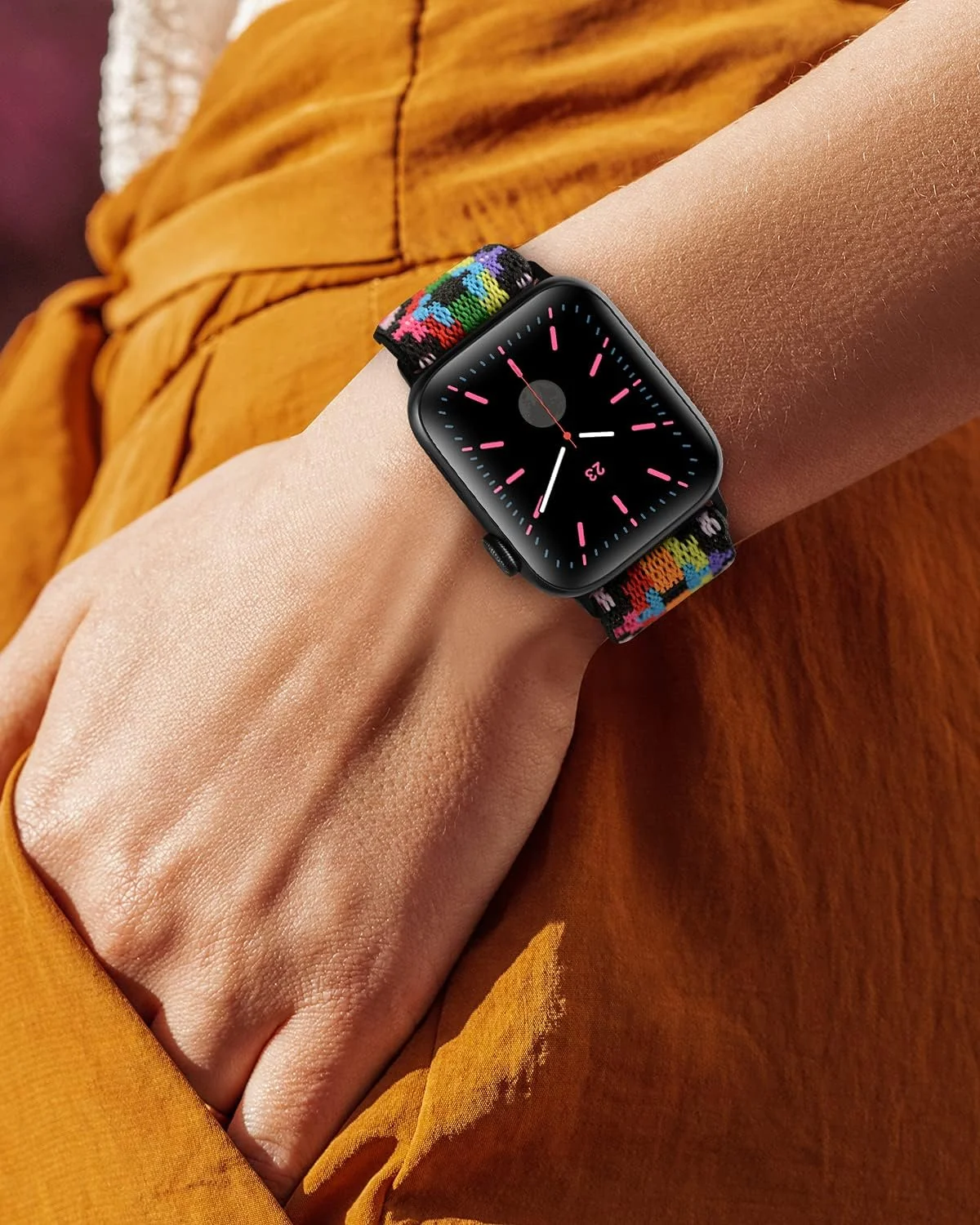 DL3 Mobilak Nylon Solo Loop Stretchy Straps For Apple Watch Band 49mm 45mm 44mm 42mm 41mm 40mm 38mm, Elastic Wristbands for iwatch Series 8 Ultra 7 6 5 4 3 2 1 Se (Boho Rainbow, 42MM/44MM/45MM/49MM) - Black