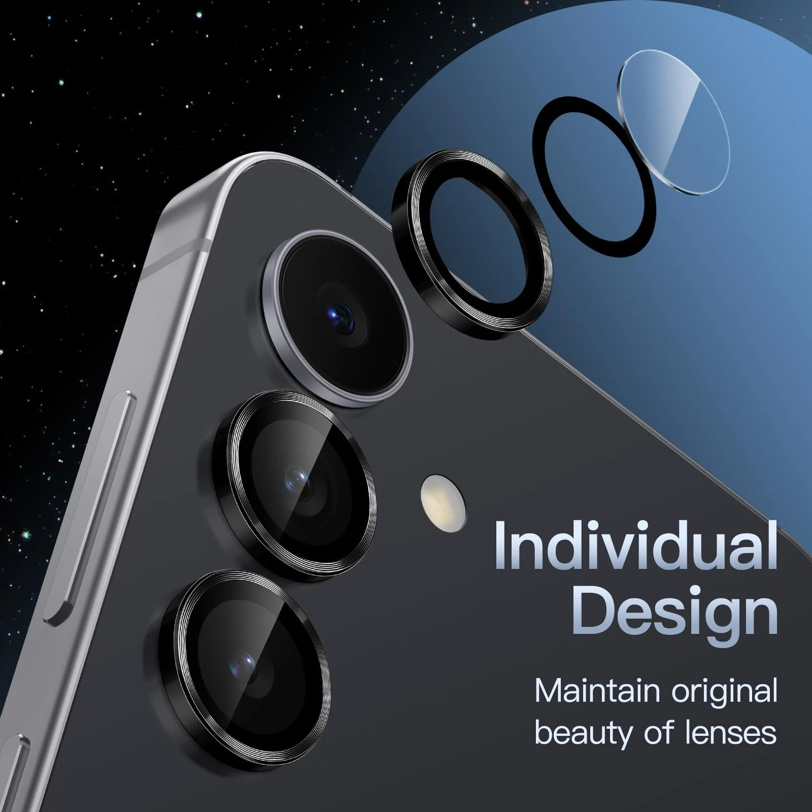 DL3 Mobilak Camera Lens Protector for Samsung Galaxy S25 FE Accessories, 9H Tempered Glass Metal Individual Ring Camera Cover Screen Protector, Case Friendly, Anti Scratch - Black