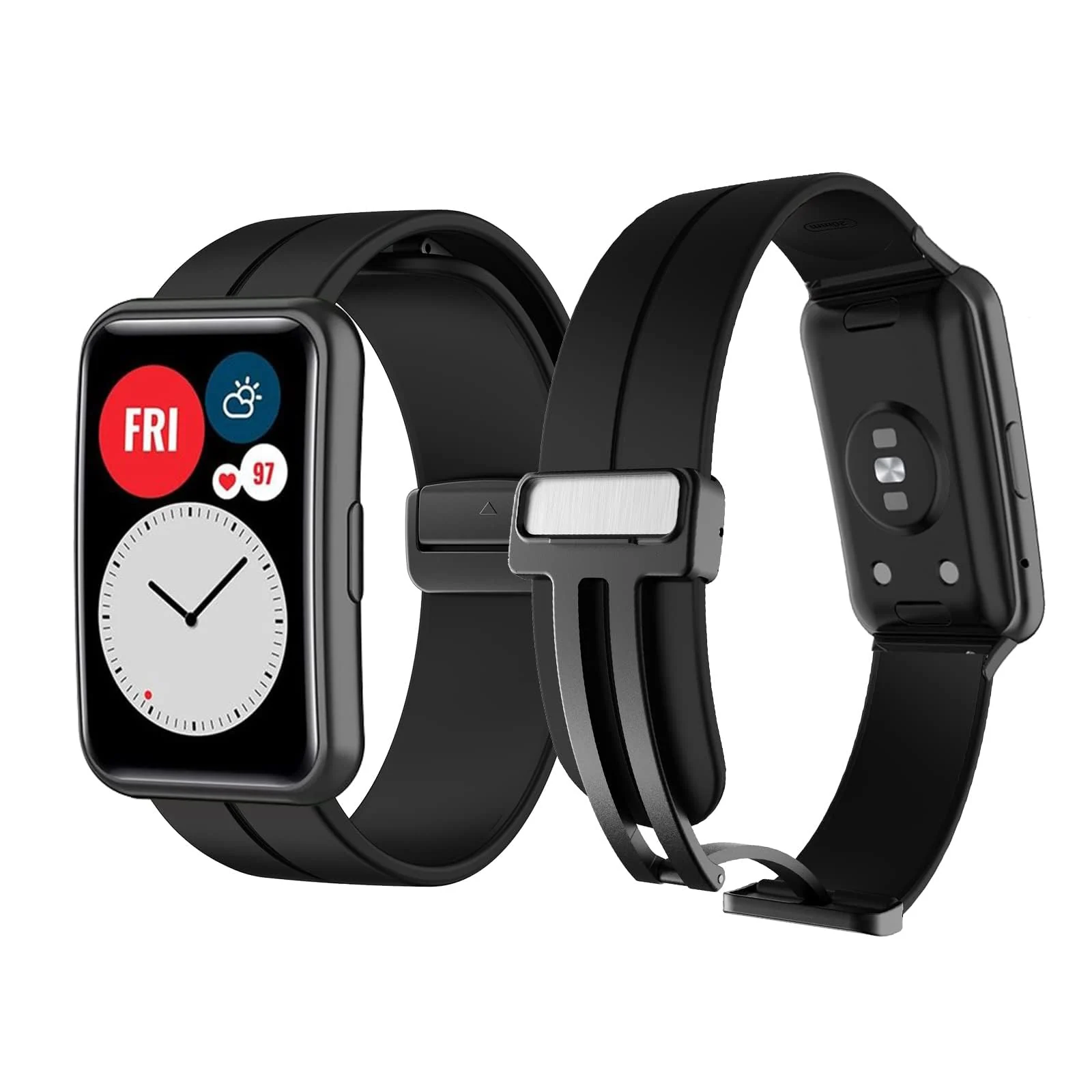 DL3 Mobilak Silicone Strap Compatible with Huawei Watch Fit Magnetic Metal Stainless Buckle Sport Silicone Strap for Huawei Watch Fit Band Quick Release Soft Replacment Wristband - Black