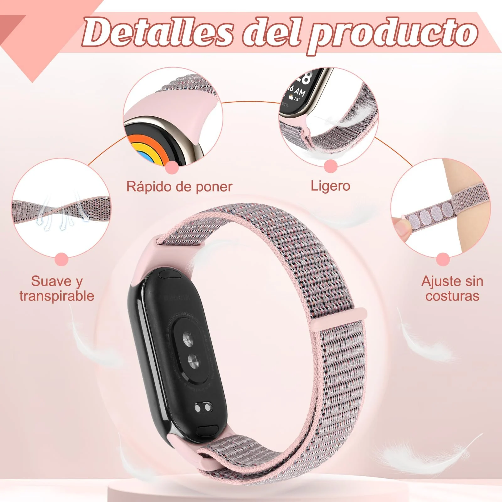 DL3 Mobilak Nylon Sport Band Compatible with Xiaomi Mi Band 10/9/8 for Women Men, Soft Adjustable Breathable Sport Loop Watch Strap Replacement Wristband for Xiaomi Smart Band 8/9/10 - Pink Sand