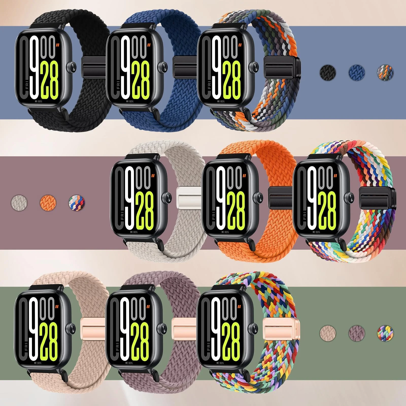 DL3 Mobilak Braided Bracelet Compatible with Redmi Watch 4/5 / 6 / Xiaomi Smart Band 8 Pro/Band 9 Pro, Nylon Magnetic Fabric Elastic Sport Nylon Replacement Strap for Men Women - Black