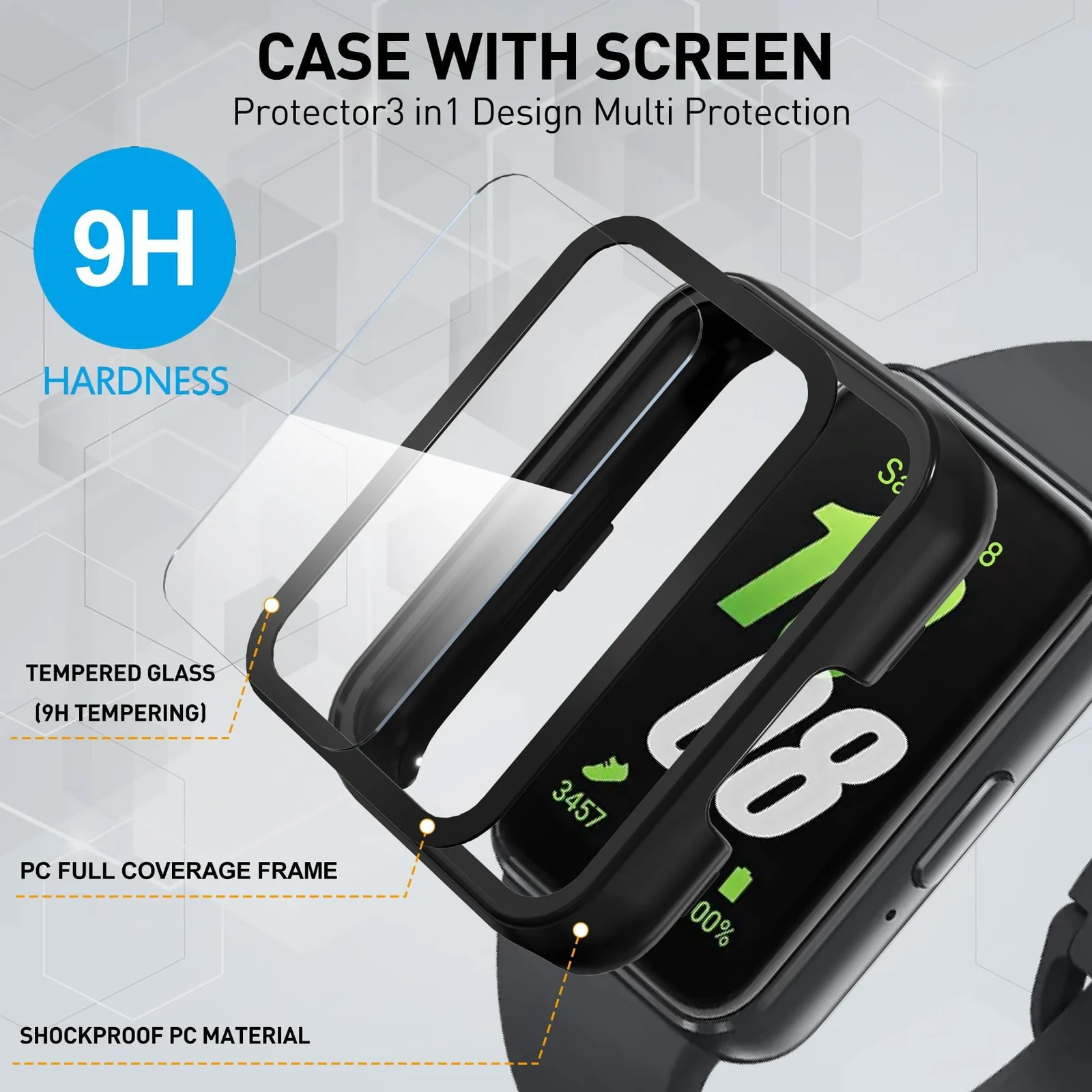 DL3 MOBILAK Full-Coverage Watch Case with Tempered Glass for Samsung Galaxy Fit 3, Black