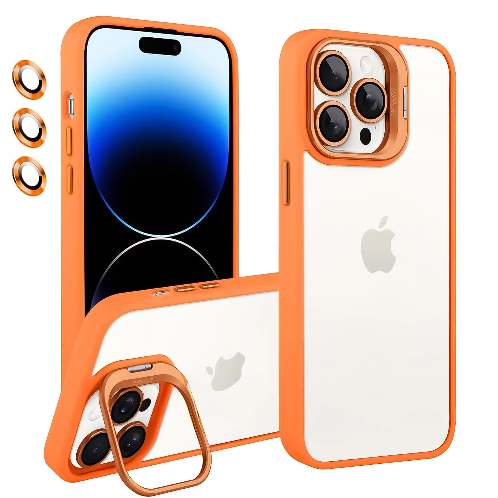 DL3 Mobilak Clear PC and TPU Case with Camera Ring Kickstand and Lens Protector for iPhone 14 Pro Max - Orange