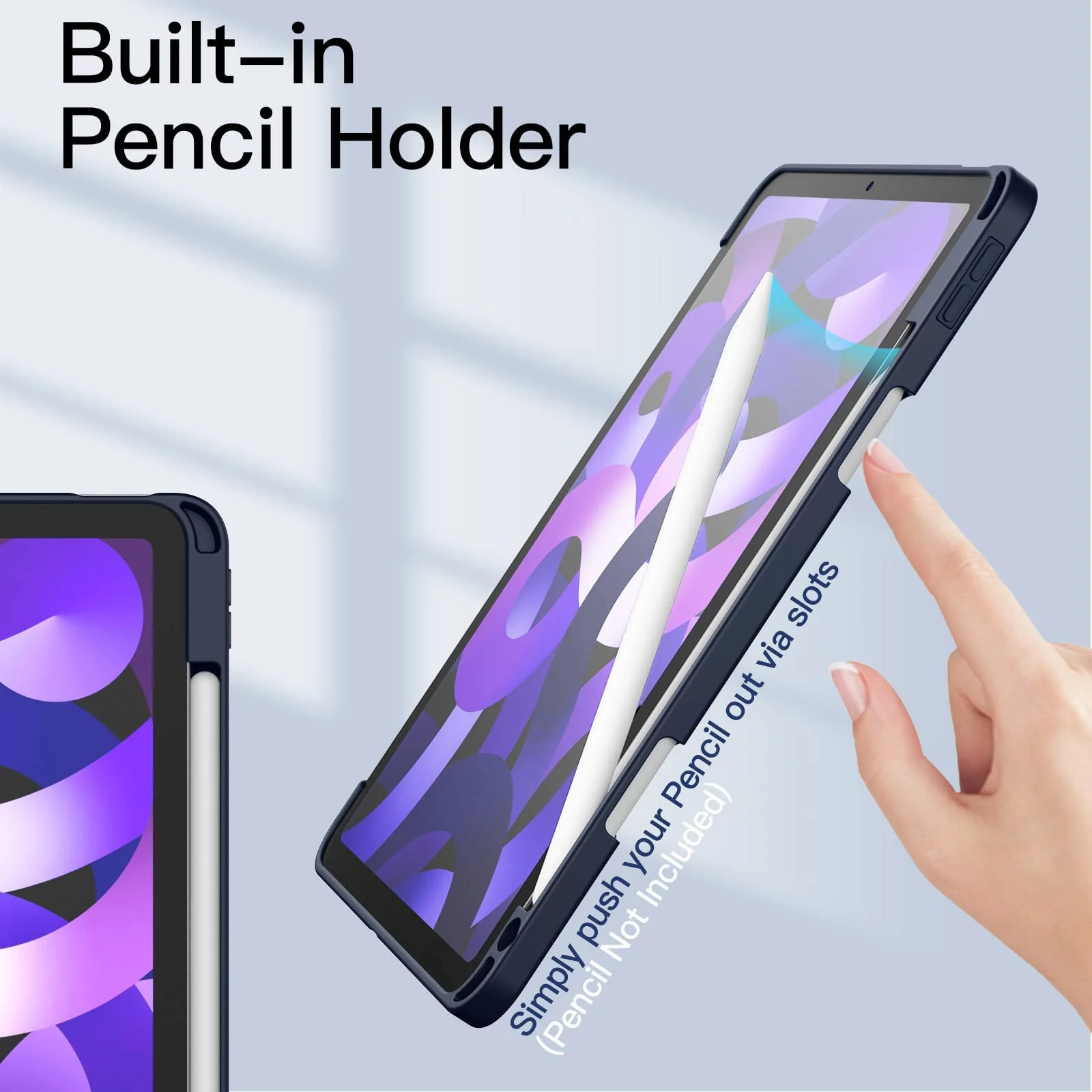 DL3 Mobilak Case for For iPad Air 11-Inch M2 (2024), iPad Air 5/4 (2022/2020 5th/4th 10.9-Inch), Clear Shockproof Back Cover Built-in Pencil Holder, Auto Sleep/Wake - Dark Blue
