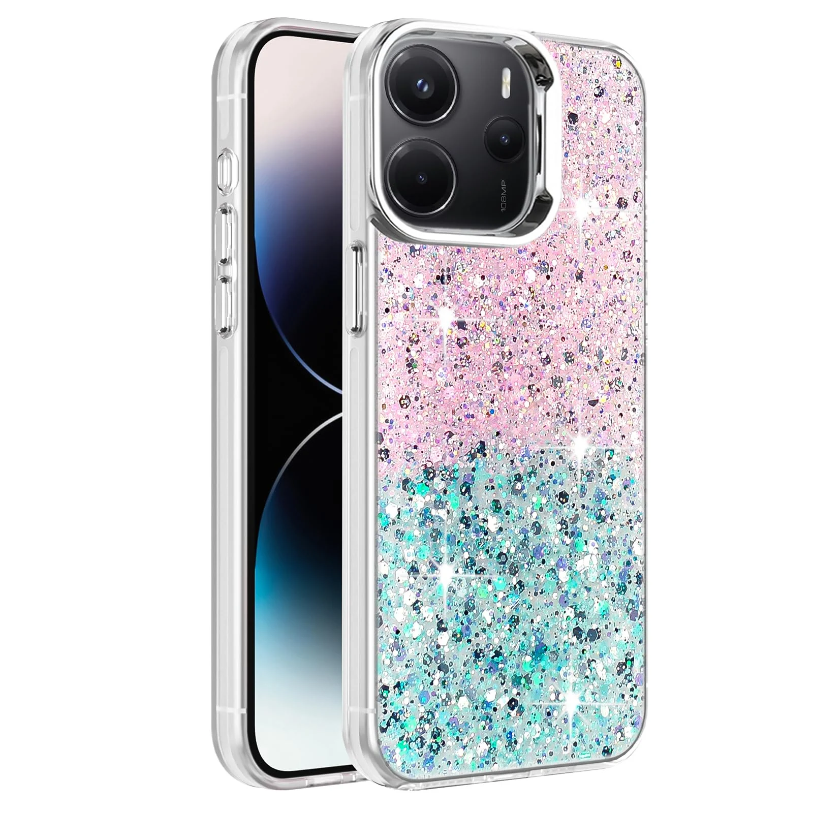 DL3 Mobilak Compatible with Xiaomi Redmi Note 14 4G (Not 5G) Case, Clear Glitter Bling Sparkly, Soft TPU Frame Bumper, Hard-Back Cover for Women & Girls, Transparent Protective - Pink Green
