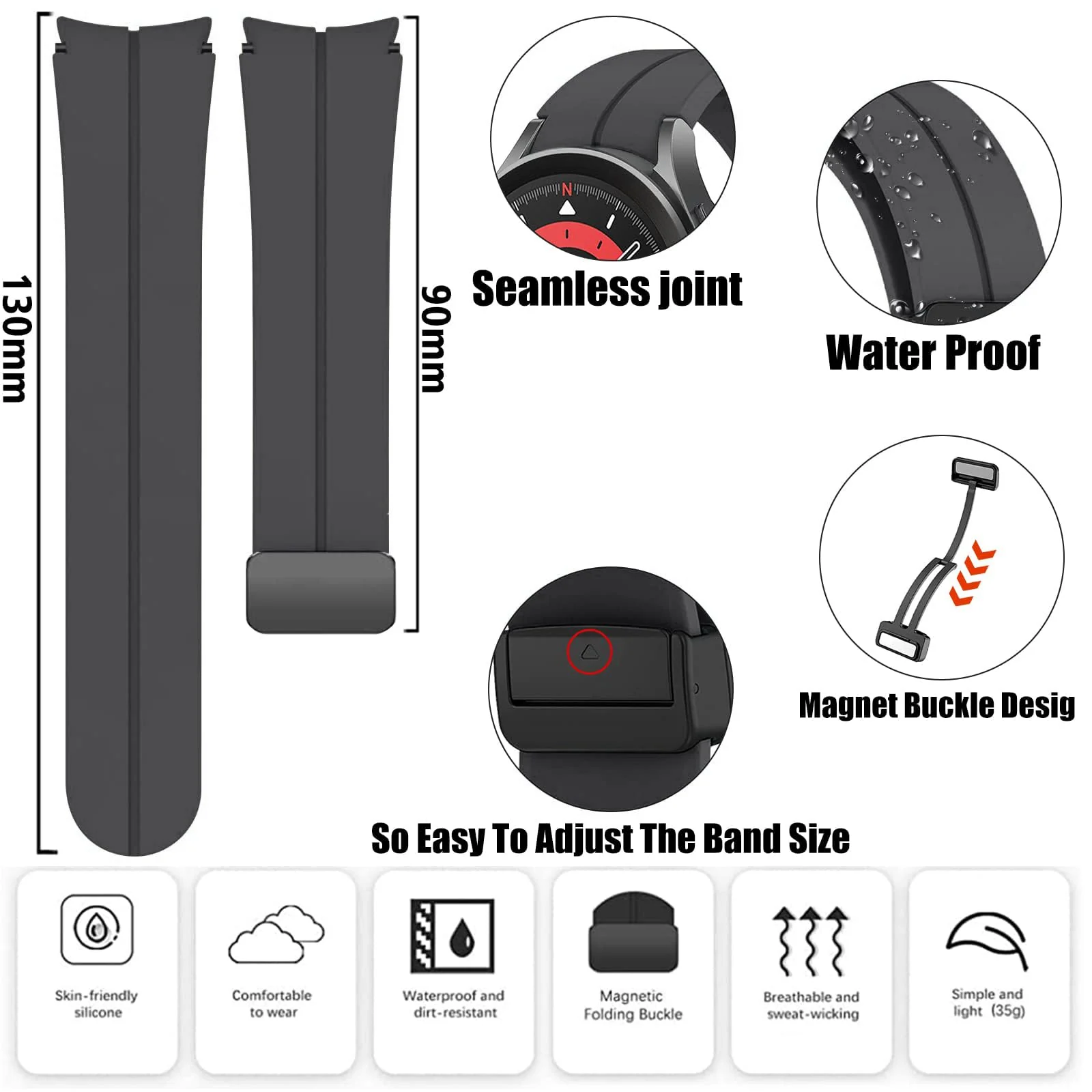 DL3 MOBILAK Magnetic for Samsung Galaxy Watch 6/5/4 Band 40mm 44mm/Galaxy Watch 6 Classic Bands 47mm 43mm/watch 4 Classic 46mm 42mm,Silicone Strap for Samsung Watch 5 Pro 45mm,No Gap Buckle - Space Grey