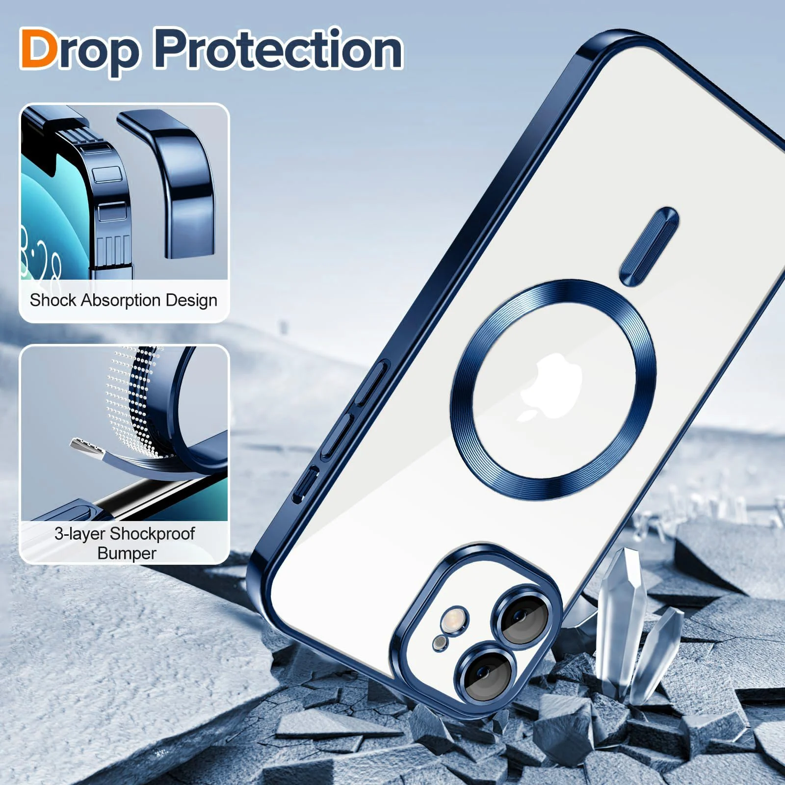 DL3 Mobilak Plated-Edge Protective Case for iPhone 12, Compatible with MagSafe accessories, Built-in magnetic car-mount support, Camera protection - Dark Blue