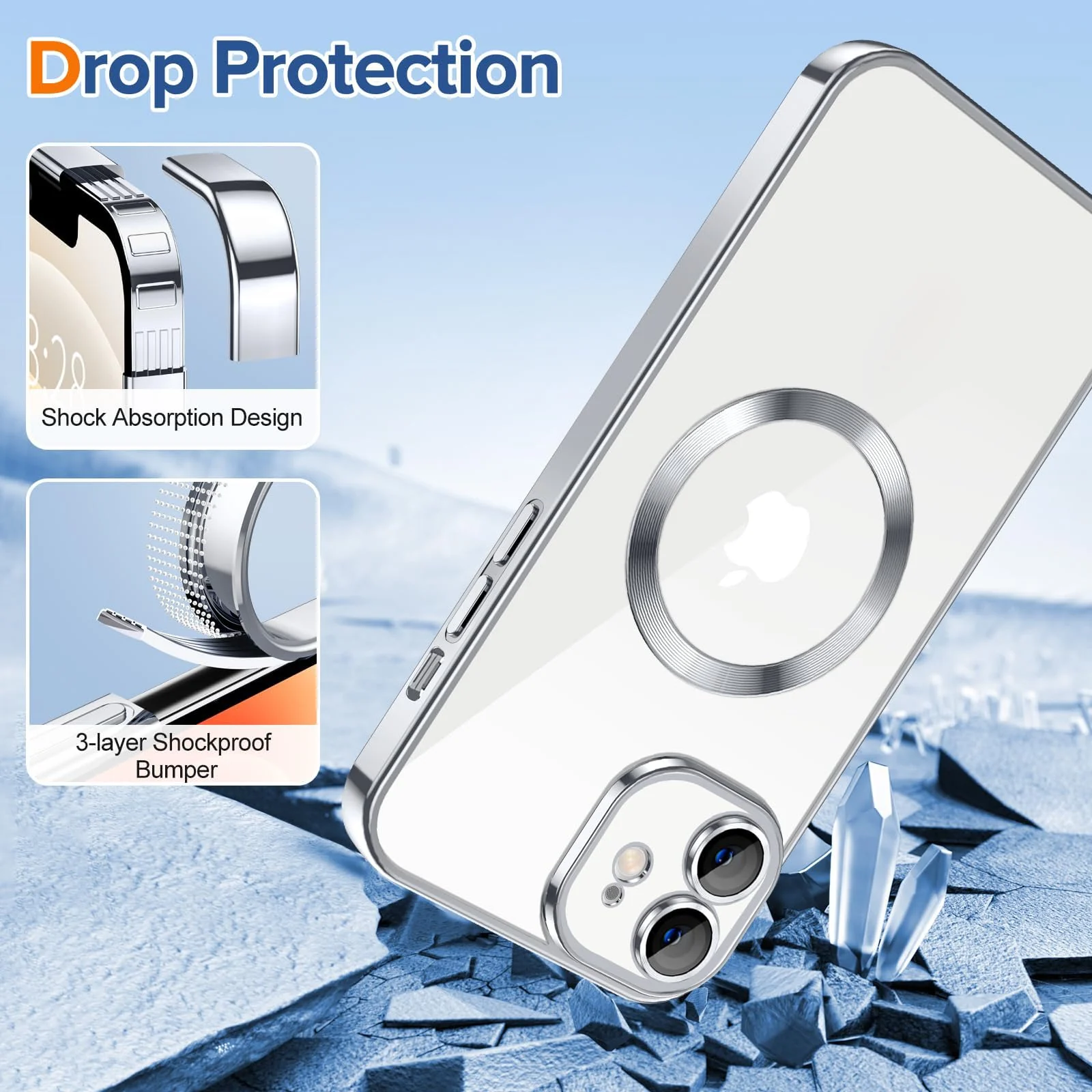 DL3 Mobilak Clear Case for iPhone 12 6.1-Inch with Built-in Camera Lens Protector, Slim Luxury Plating Edge Soft TPU Cover Protective, Transparent Case for Women Girls Men - Silver