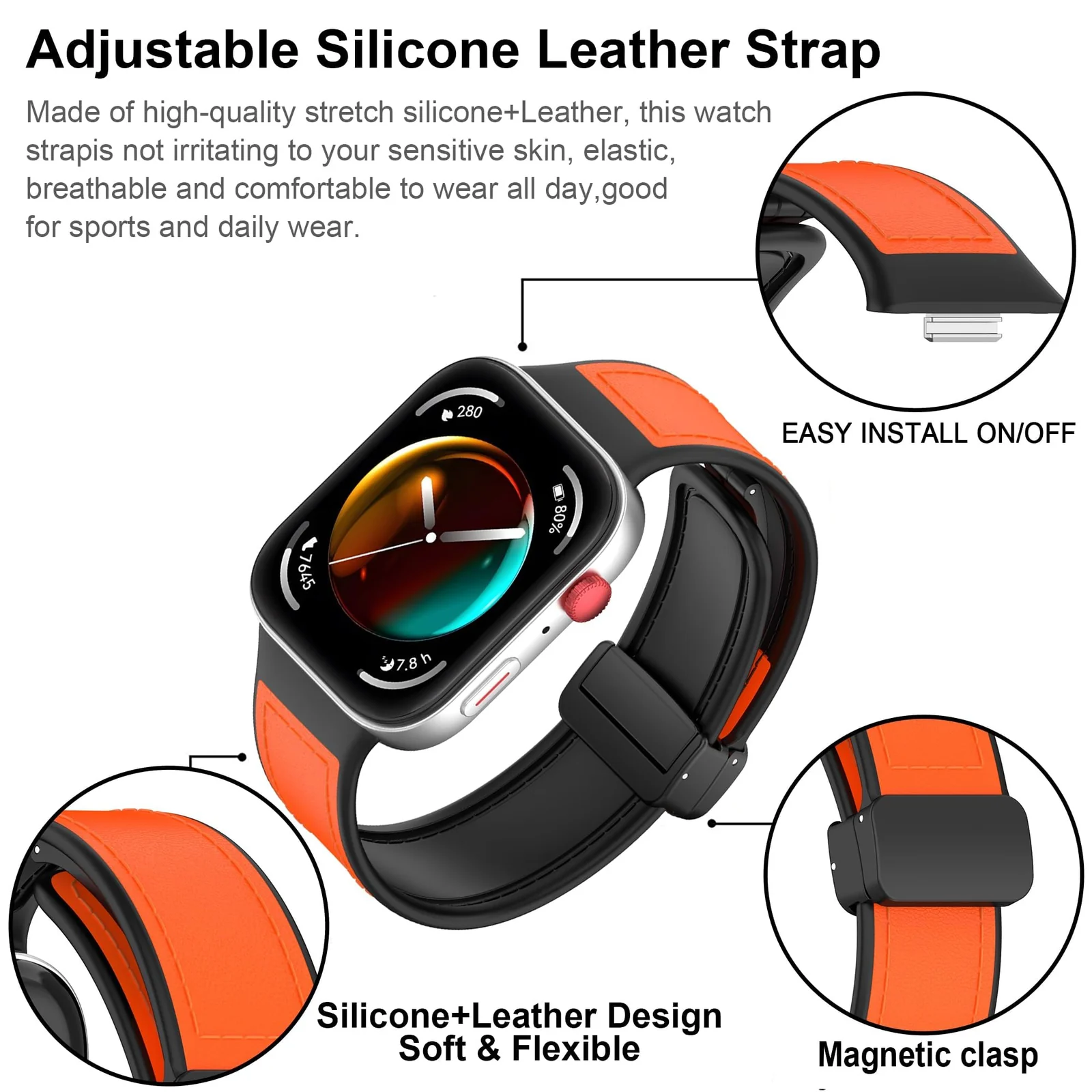 DL3 Mobilak Compatible with Huawei Watch Fit 5 / Fit 5 Pro / Fit4 / 4 Pro/Fit 3 Strap for Women Men, Soft Flexible Leather Silicone Hybrid Sport Wristband Magnetic Buckle Bracelet Replacement Strap - Orange