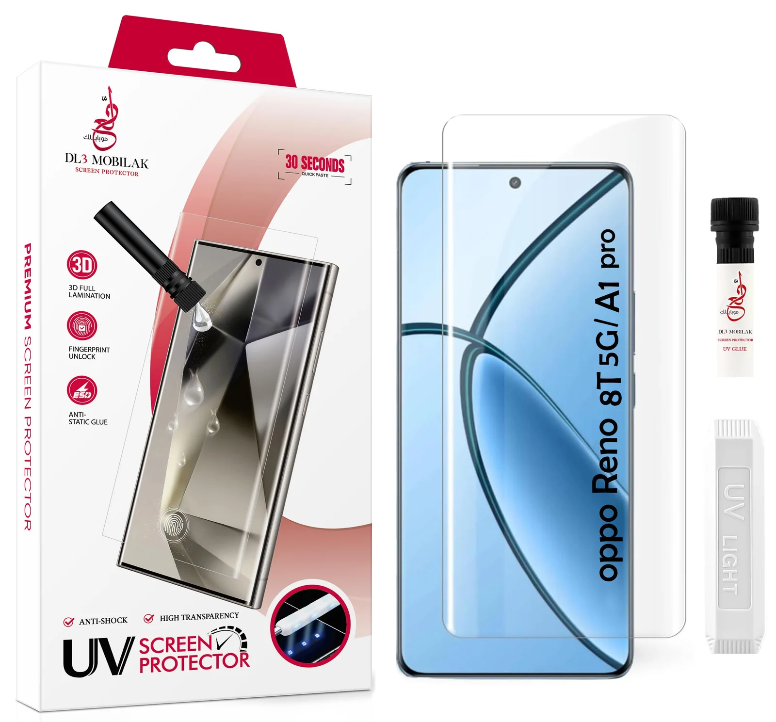 DL3 Mobilak Screen Protector OPPO Reno 8T 5G / OPPO A1 Pro [Liquid UV Tempered Glass] Full Screen adhesive [Sensitive Touch][Fingerprint Sensor Compatible] HD - Clear