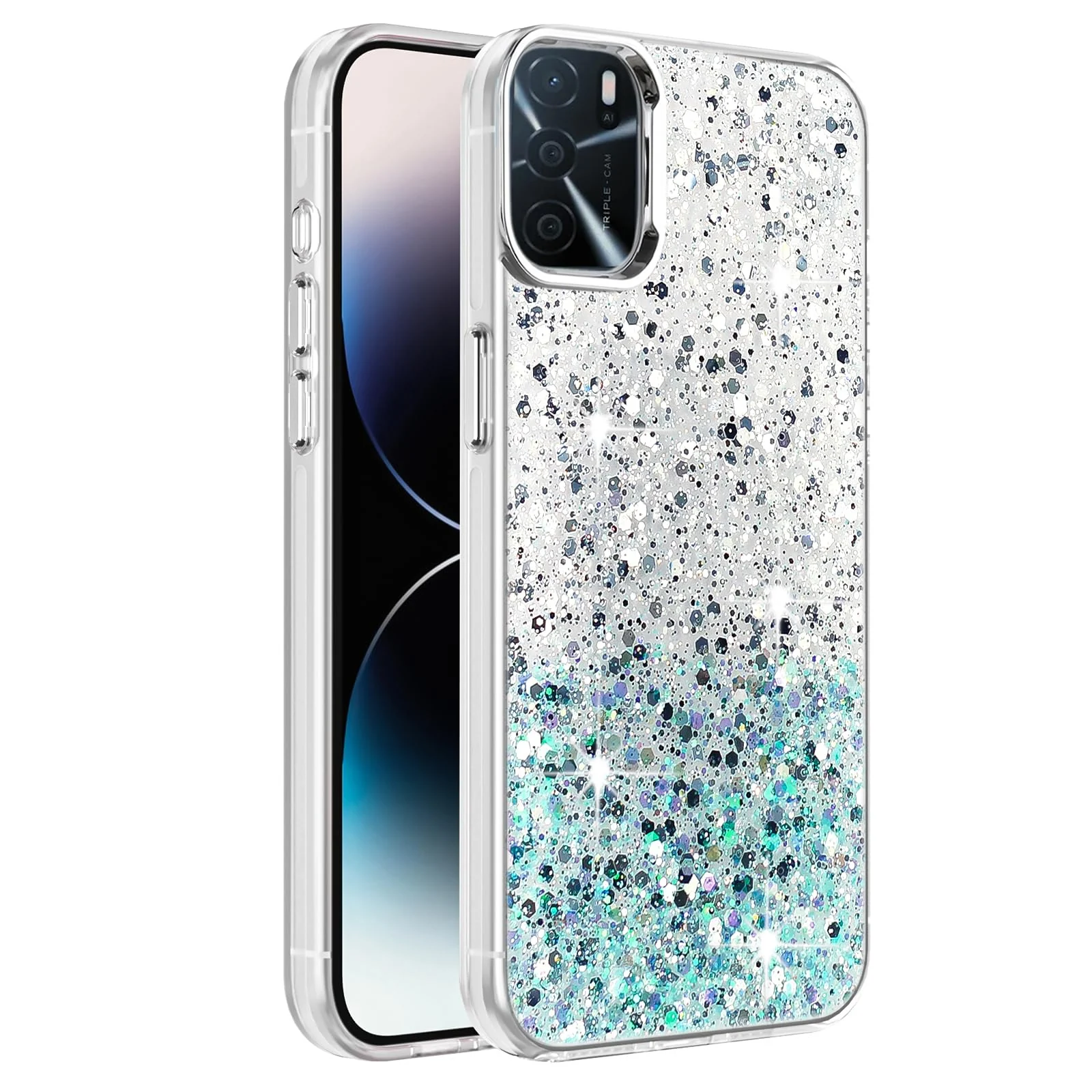 DL3 Mobilak Compatible with OPPO A16 /OPPO A16s /OPPO A54s Case, Clear Glitter Bling Sparkly, Soft TPU Frame Bumper, Hard-Back Cover for Women & Girls, Transparent Protective Phone Case - White Green