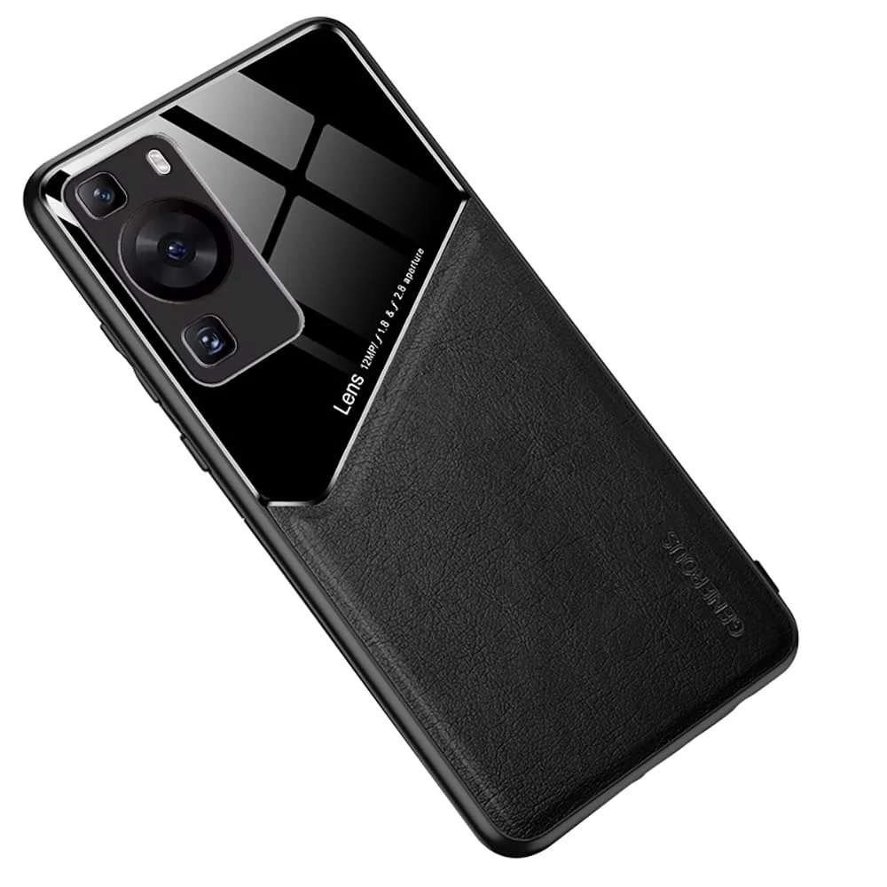 DL3 Mobilak Luxury Case For Huawei P60 Pro, Ultra-Thin Soft TPU Frame, Back Leather Mixed Double+Plexiglass Protective Cover With Built-in Car Magnetic - Black