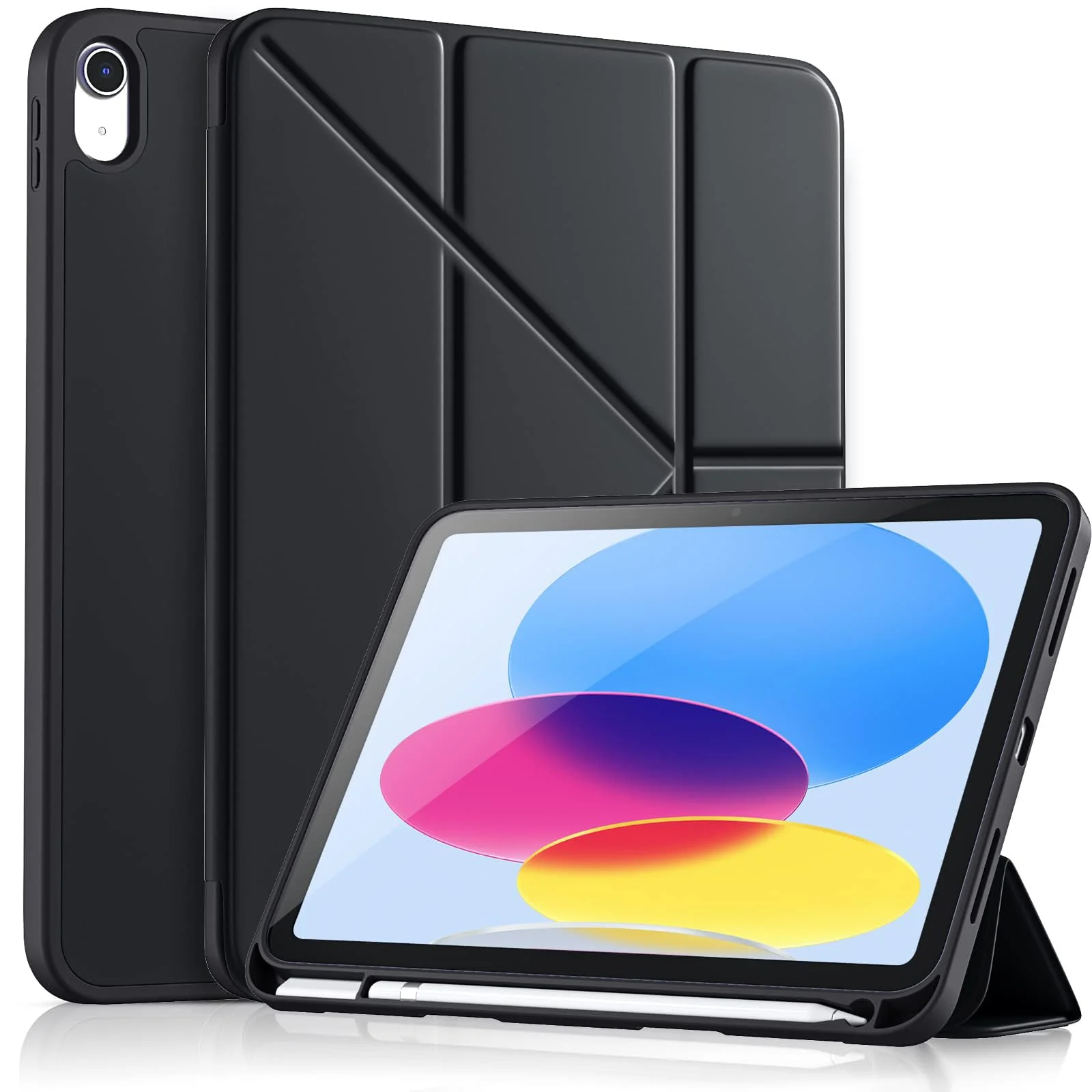 DL3 Mobilak Case For iPad 10th Generation 2022 10.9 Inch with Pencil Holder, iPad 10 [Support Touch ID] Flexible TPU Back Shell Smart Trifold Stand Protective Cover Auto Wake/Sleep - A. Black