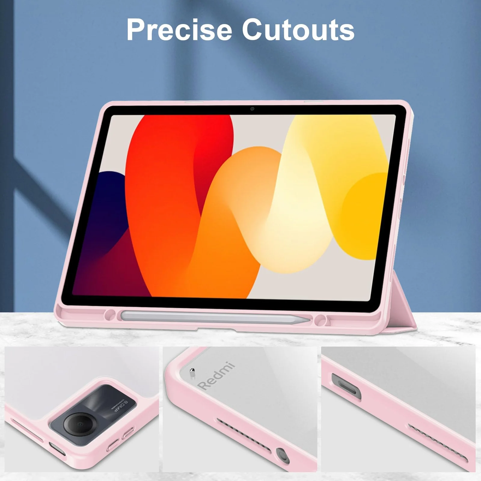 DL3 Mobilak Xiaomi Redmi Pad SE 11 inch Tablet 2023 Case with Pen Holder, Soft TPU Back Trifold Stand Protective Smart Cover Flip, Auto Wake & Sleep - Pink
