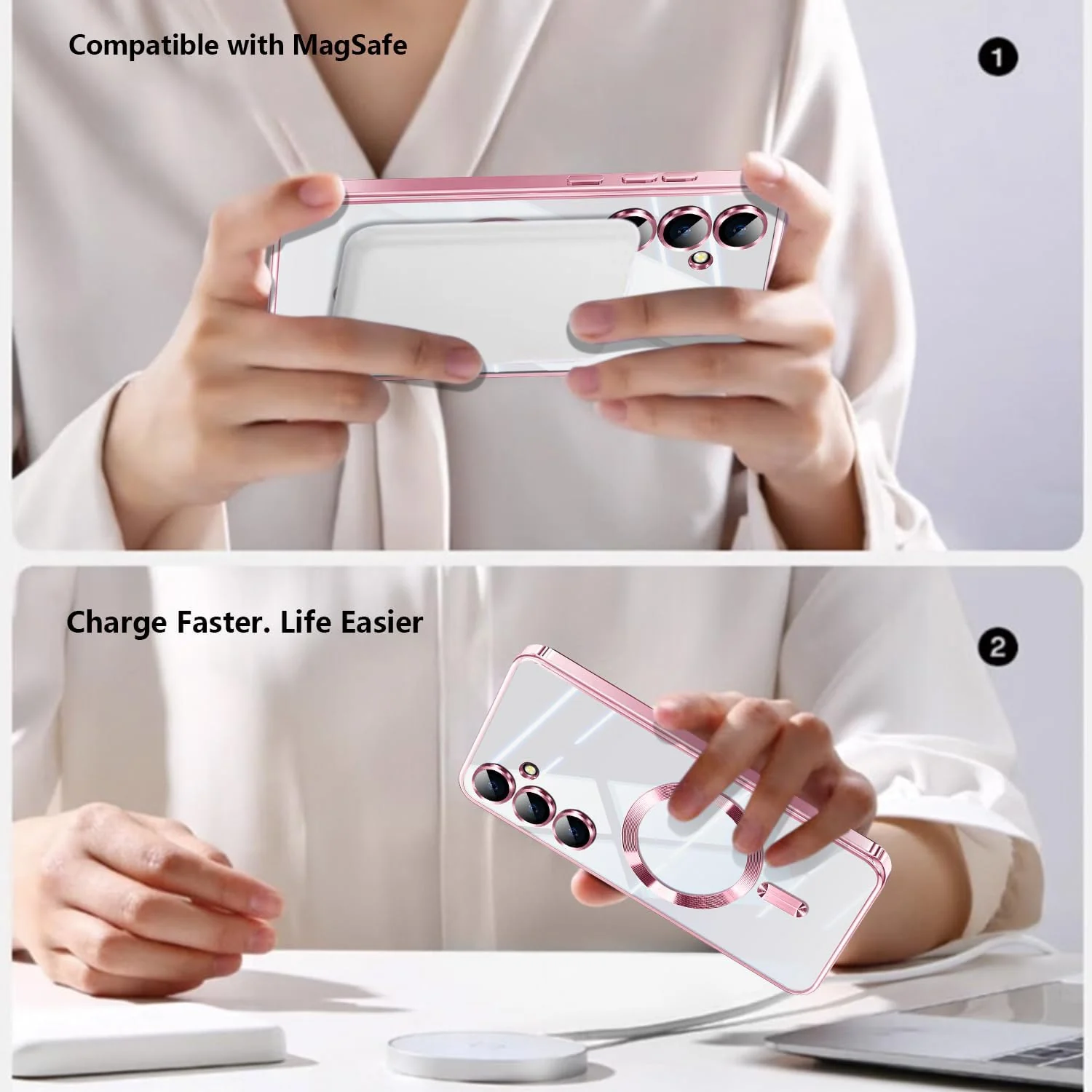 DL3 Mobilak For Samsung Galaxy A24 Magnetic Case, Compatible with MagSafe, Built-in Camera Lens Protector, Luxury Plating Soft TPU Clear Shockproof Slim Thin Cover - Pink
