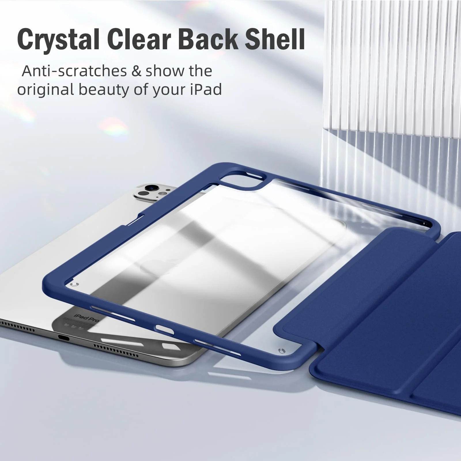 DL3 Mobilak Case for iPad Pro 11-Inch M4 2024 (5th Generation) with Pencil Holder, Clear Transparent Back Shell Slim Stand Shockproof Tablet Cover, Auto Wake/Sleep - Navy Blue