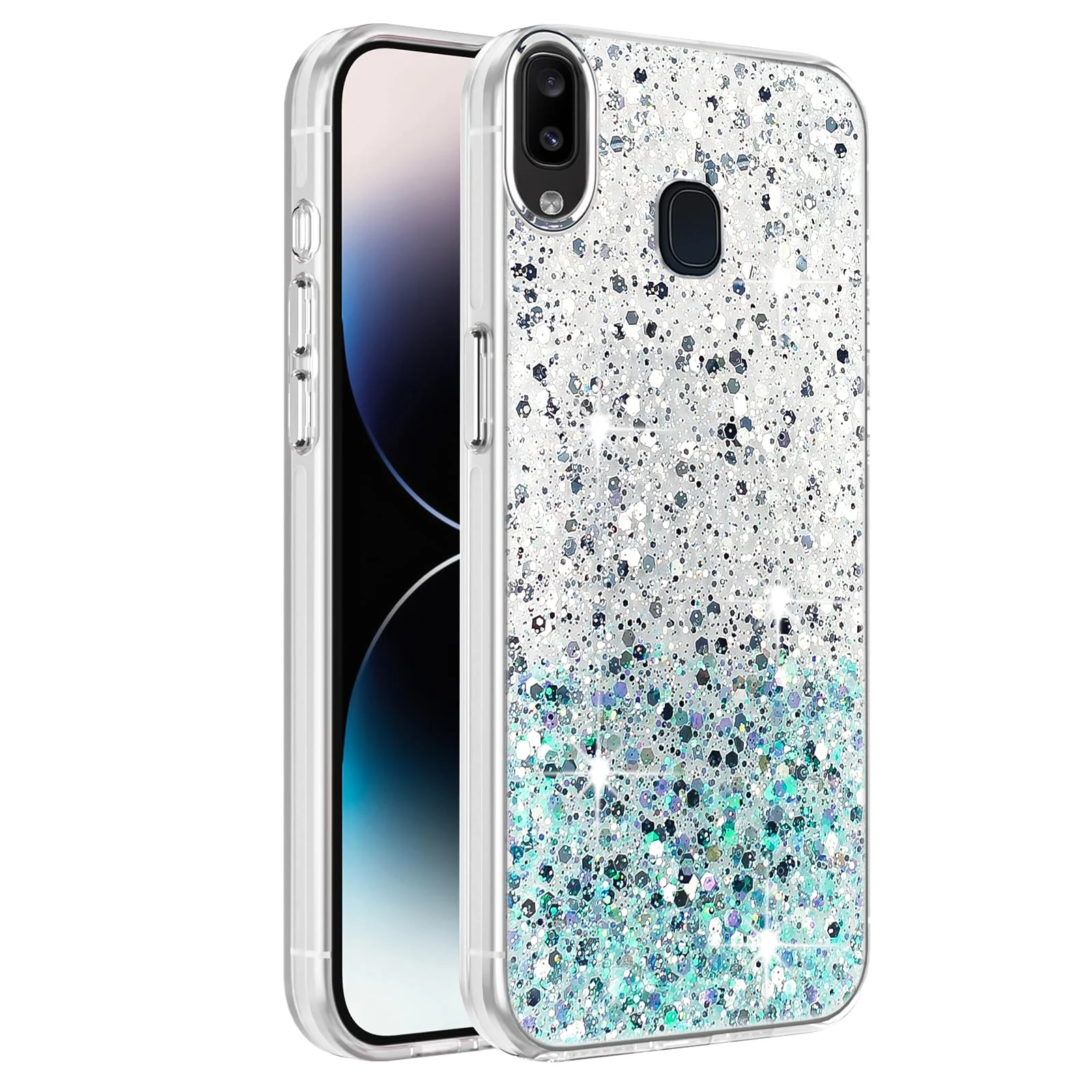 DL3 Mobilak Glitter Rhinestone Protective Case for Samsung Galaxy A10s with Shockproof Design - White Green