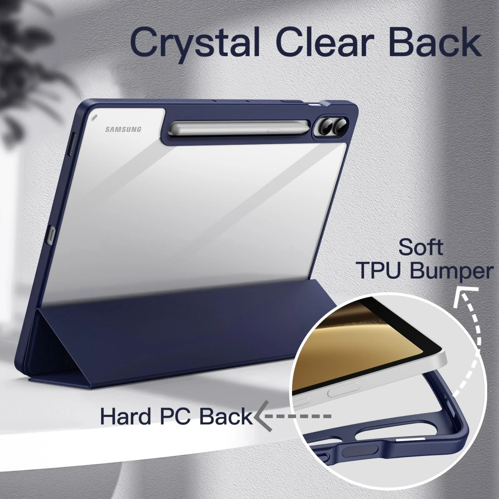 DL3 Mobilak Hybrid Slim Case for Samsung Galaxy Tab S9 FE+ / S9 FE Plus 12.4-Inch with S Pen Holder, Shockproof Cover with Clear Transparent Back Shell, Auto Wake/Sleep - Dark Blue