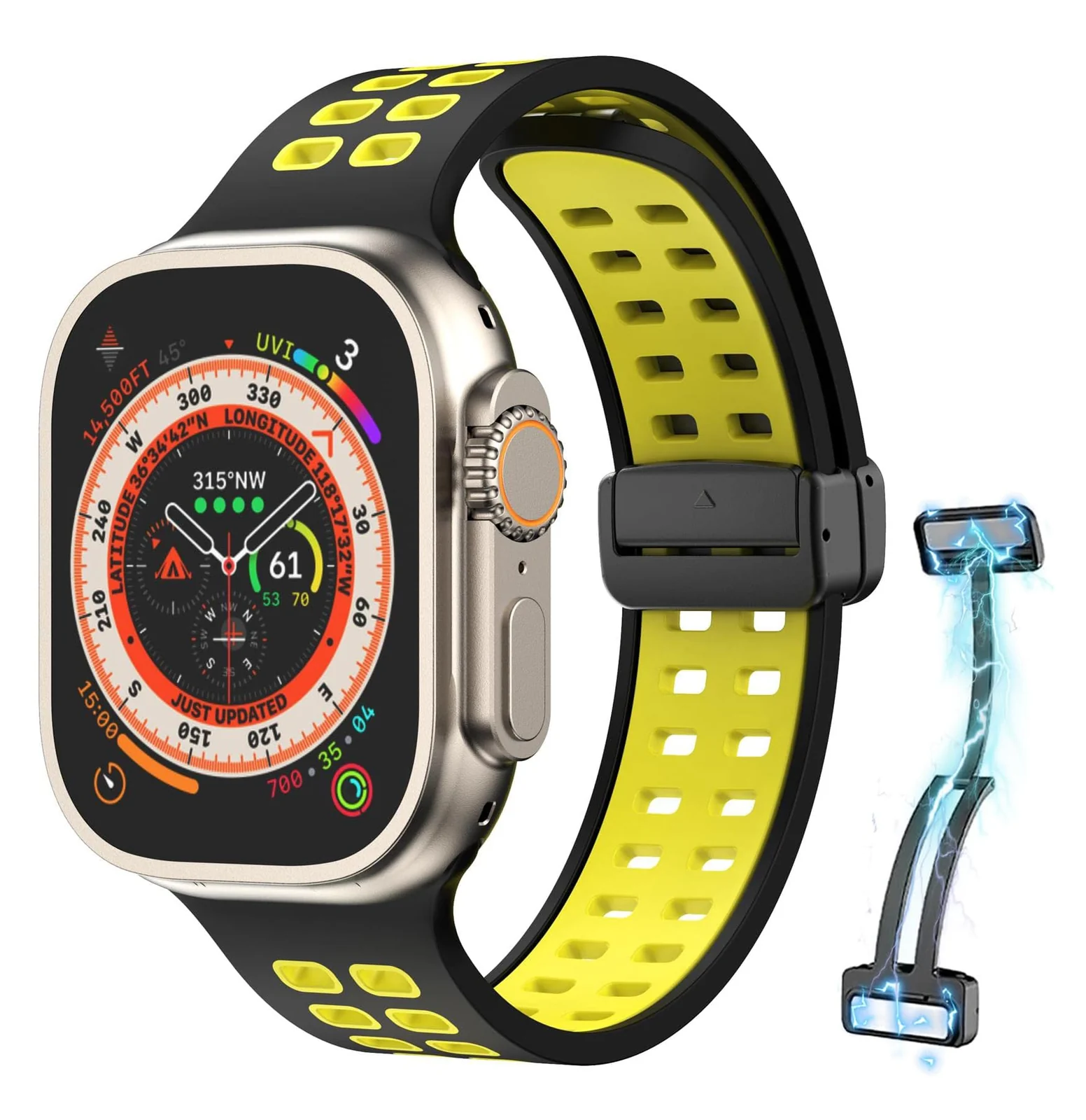 DL3 Mobilak Compatible with Apple Watch Ultra Band 49mm 45mm 44mm 42mm 41mm 40mm 38mm, Silicone Strap with Magnetic for iWatch Ultra SE Series 9 8 7 6 5 4 3 2 1 (42mm/44mm/45mm/49mm) - Black Yellow