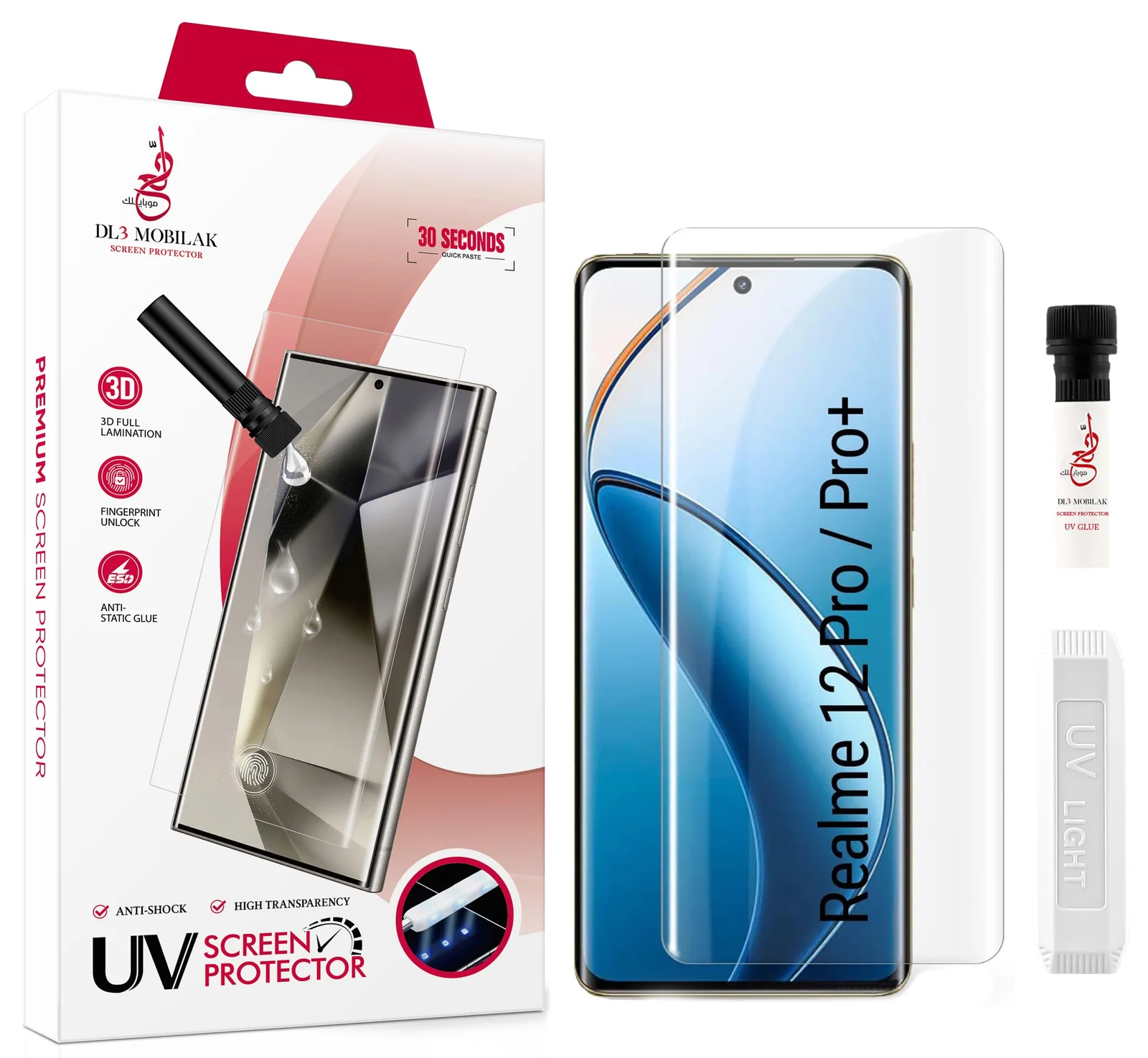 DL3 Mobilak Screen Protector realme 12 Pro 5G /realme 12 Pro Plus 5G [Liquid UV Tempered Glass] Full Screen adhesive [Sensitive Touch][Fingerprint Sensor Compatible] HD - Clear