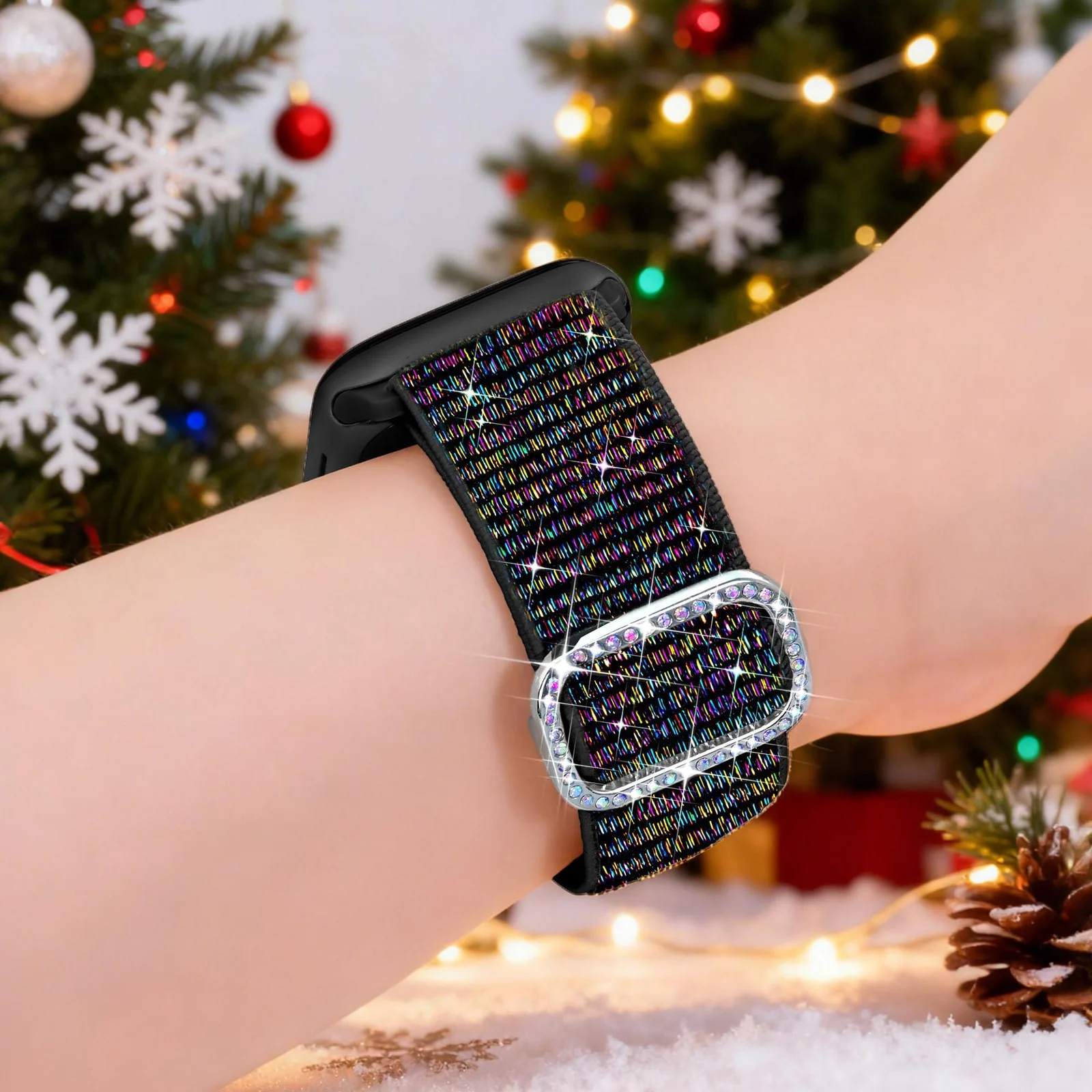 DL3 Mobilak Stretchy Bling Band For Apple Watch 49mm 46mm 45mm 44mm 42mm Women, Nylon Sparkly Strap Solo Loop Glitter Wristband for iWatch Series 11 10 9 8 7 6 5 4 SE3 SE2 SE Ultra 3 2 1 - Pride Black