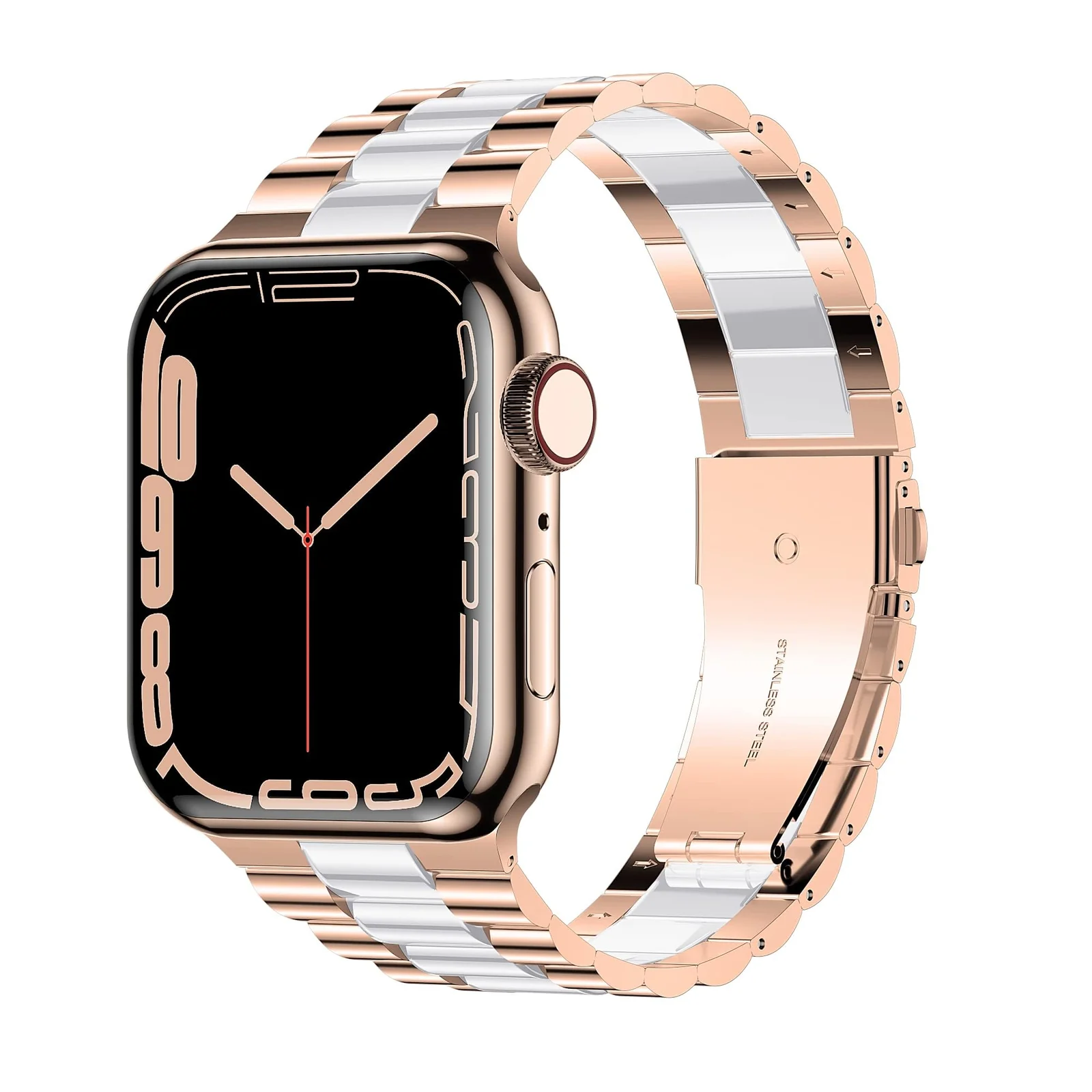 DL3 Mobilak Stainless Steel Band with Case Compatible with Apple Watch Band 45mm Series 9/8/7, Men Woman Business Strap with Protective Bumper Cover for iWatch Series 7/8/9 45mm - Rose Gold White