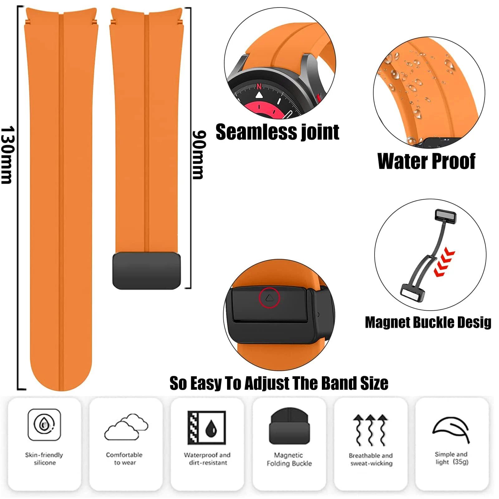 DL3 Mobilak Strap Compatible with Samsung Galaxy Watch 7 FE 6 5 4 Strap 40mm 44mm/Watch 6 Classic 43mm 47mm/5 Pro 45mm/4 Classic 42mm 46mm, No Gap Magnetic Clasp Silicone Band - Orange