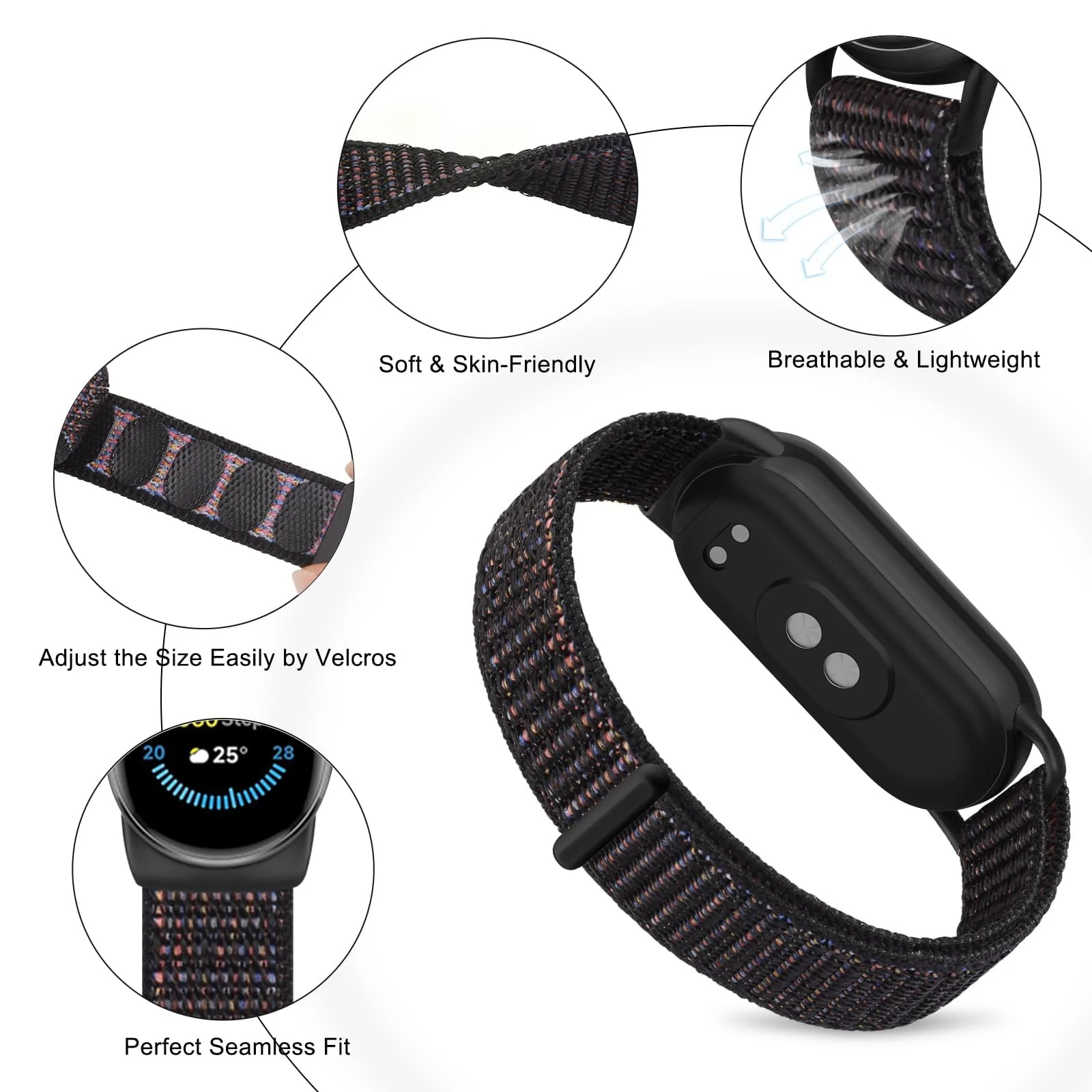 DL3 Mobilak Nylon Sport Band Compatible with Xiaomi Mi Band 10/9/8 for Women Men, Soft Adjustable Breathable Sport Loop Watch Strap Replacement Wristband for Xiaomi Smart Band 8/9/10 - Official Black