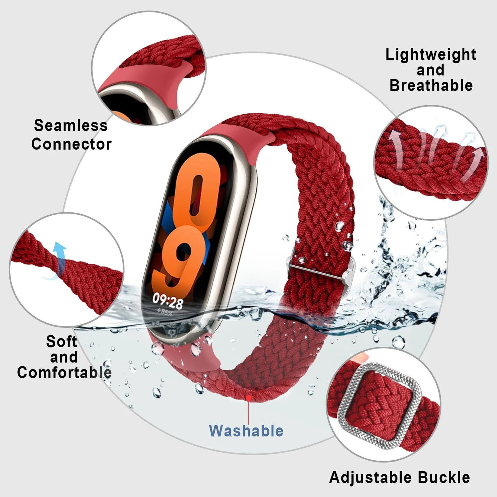 DL3 Mobilak Compatible with Xiaomi Mi Band 10/9/8 strap, Braided Solo Loop for Nylon Elastic Adjustable Replacement Wristband Compatible with Xiaomi Smart Band 8/9/10 - Red