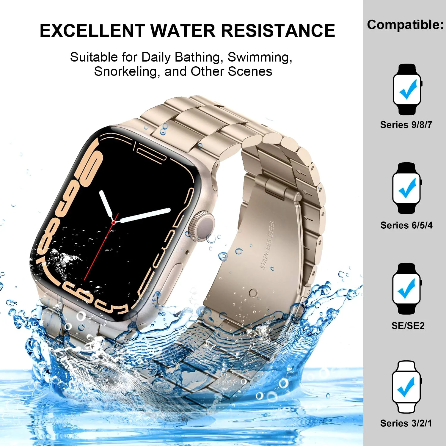 DL3 Mobilak Stainless Steel Band with Case Compatible with Apple Watch Band 45mm Series 9/8/7, Men Woman Business Strap with Protective Bumper Cover for iWatch Series 7/8/9 45mm - StarLight
