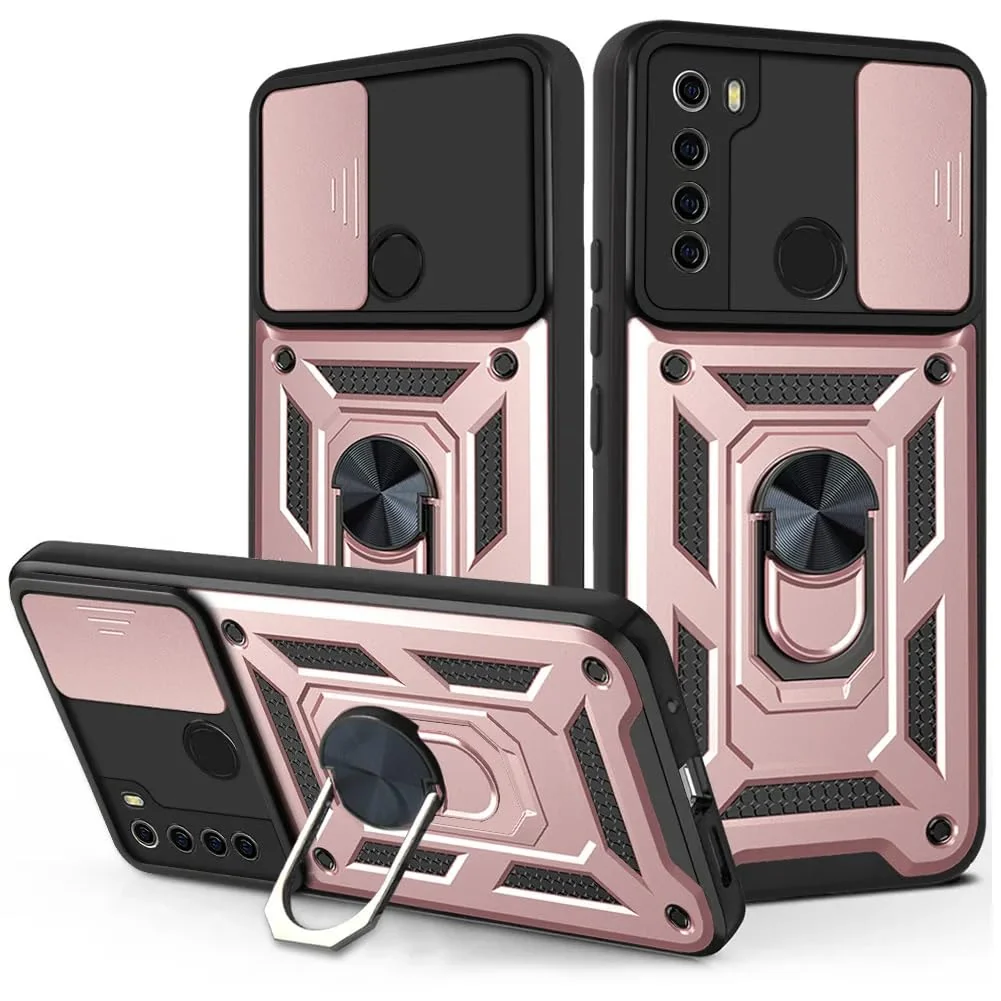 DL3 Mobilak Military-Grade Protective Case with Sliding Camera Cover, Metal Ring Kickstand and Magnetic Car-Mount Support for Xiaomi Redmi Note 8 (2019 / 2021) - Rose Gold