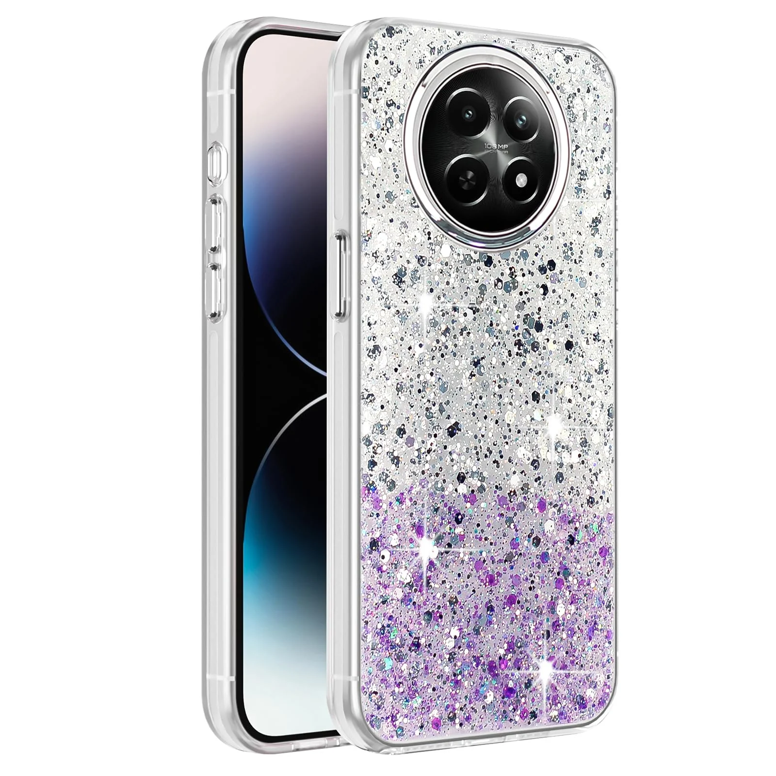 DL3 Mobilak Glitter Protective Case for realme 13 5G / realme 12 5G / realme 12x 5G, Supports wireless charging, Camera protection, Shock-absorbing protection - White Purple