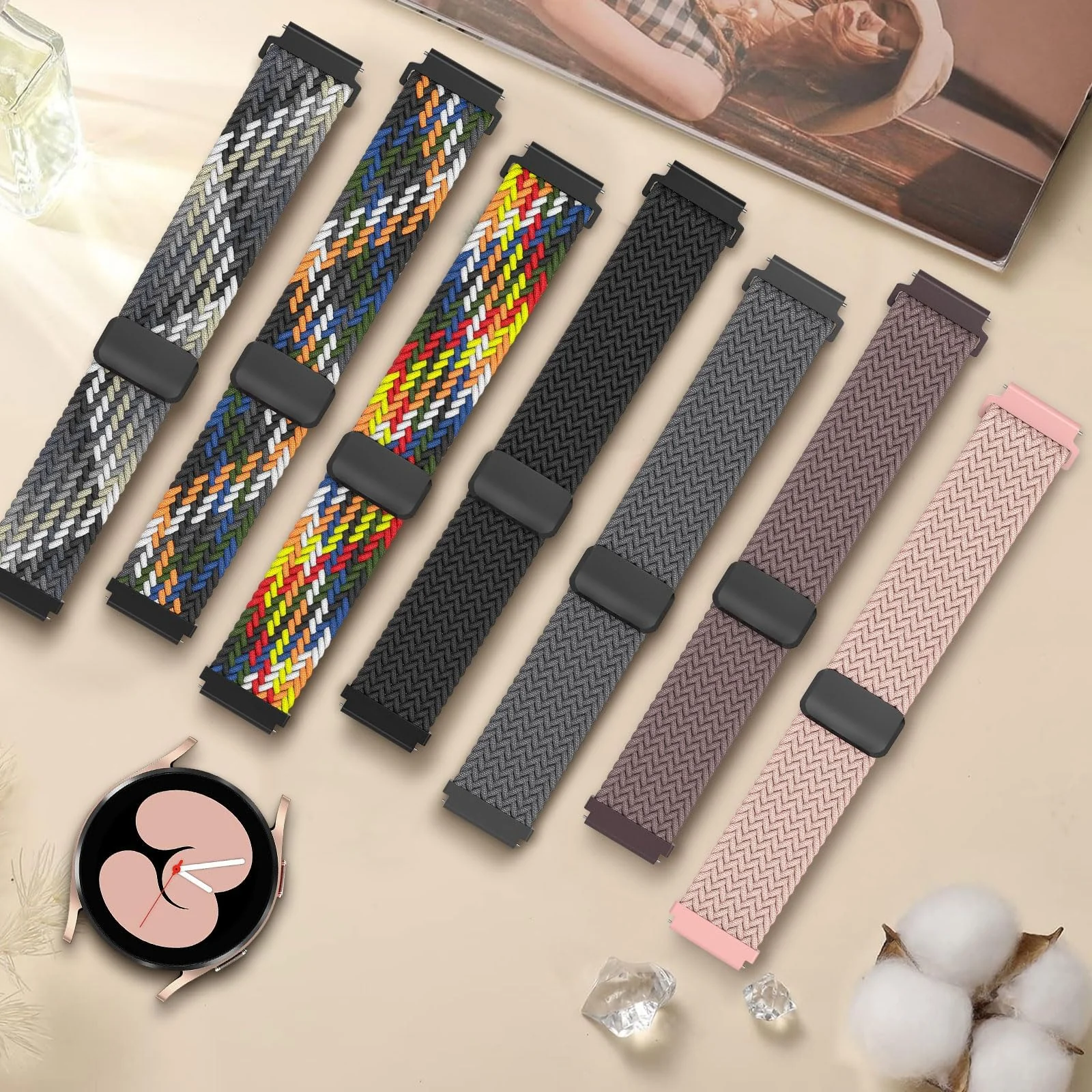 DL3 Mobilak 20mm Magnetic Band for Samsung Galaxy Watch 7/6/5/4/FE Band 40mm 44mm/Galaxy Watch 6/4 Classic Bands 47mm 43mm 46mm 42mm/Watch 5 pro 45mm/3 41mm/Active 2, Stretchy Braided Nylon Magnetic Sport Strap - Pink