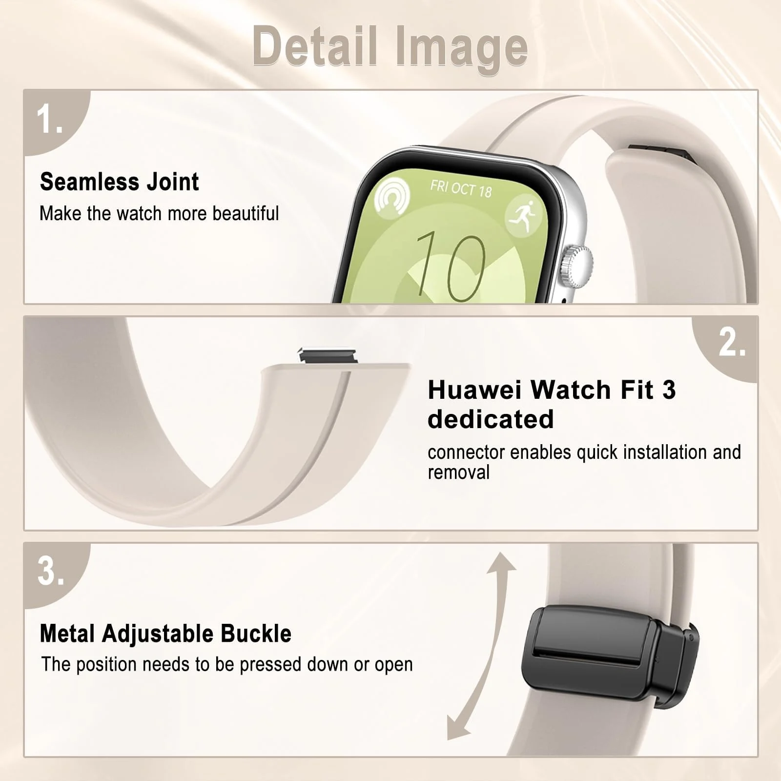 DL3 Mobilak Silicone Strap Compatible with Huawei Watch Fit 3 Magnetic Metal Stainless Buckle Sport Silicone Strap for Huawei Watch Fit3 Band Quick Release Soft Replacment Wristband - Starlight