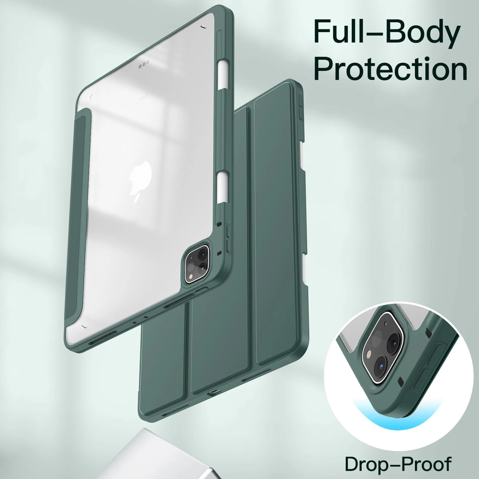 DL3 Mobilak for iPad Pro 11 Inch Case 4th /3rd /2nd Generation(2022/2021/ 2020), Clear Shockproof Back Cover Built-in Pencil Holder, Auto Sleep/Wake - Green