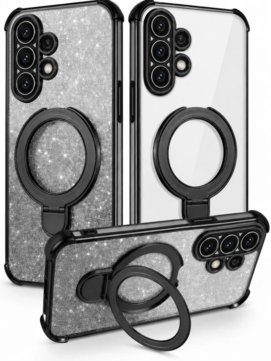 MOBIGON Glitter Phone Case with Magnetic Ring Stand for Samsung Galaxy A32 4G, Black