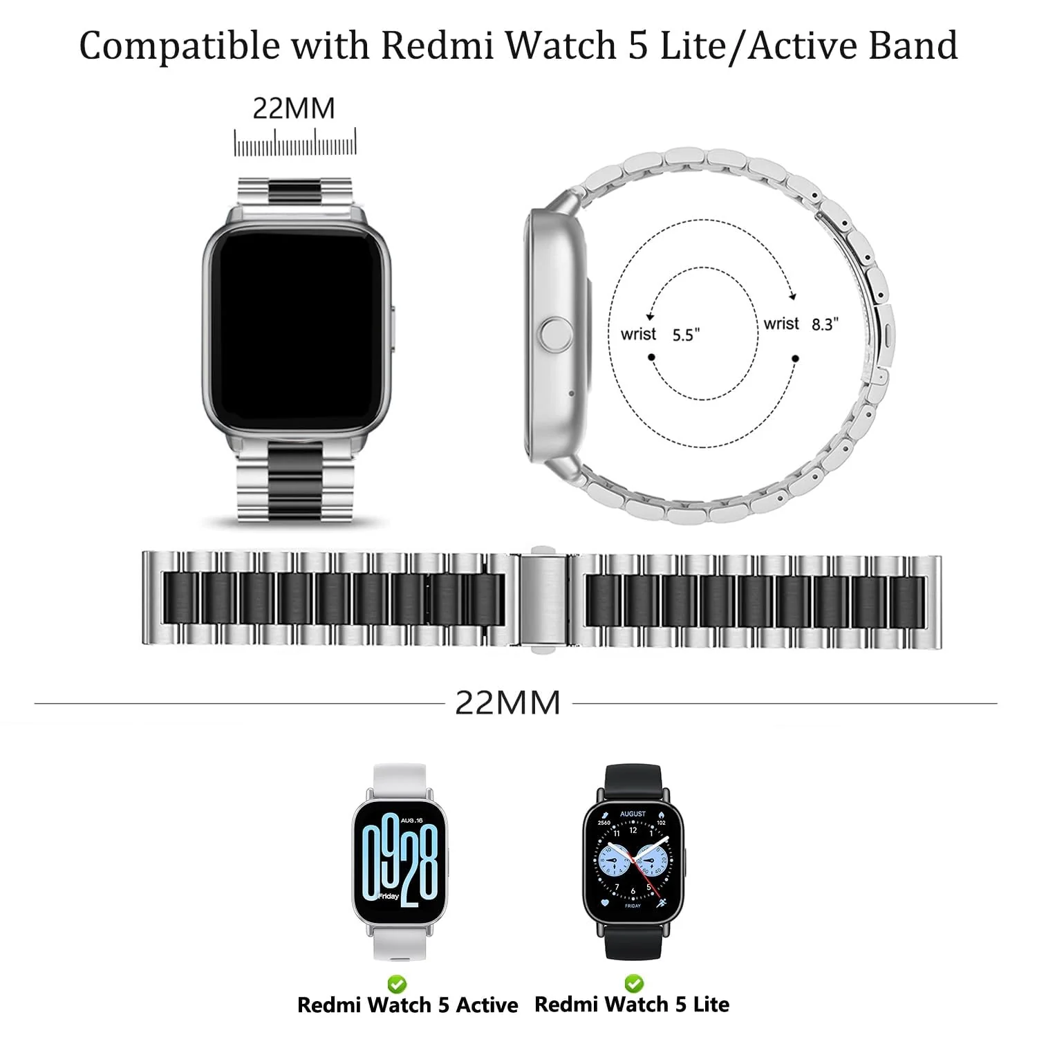 DL3 Mobilak Metal Bracelet Compatible with Xiaomi Redmi Watch 5 Active/Redmi Watch 5 Lite, 22mm Stainless Steel Replacement Band with Folding Clasp, Adjustable Replacement Bracelet Wristband - Silver Black