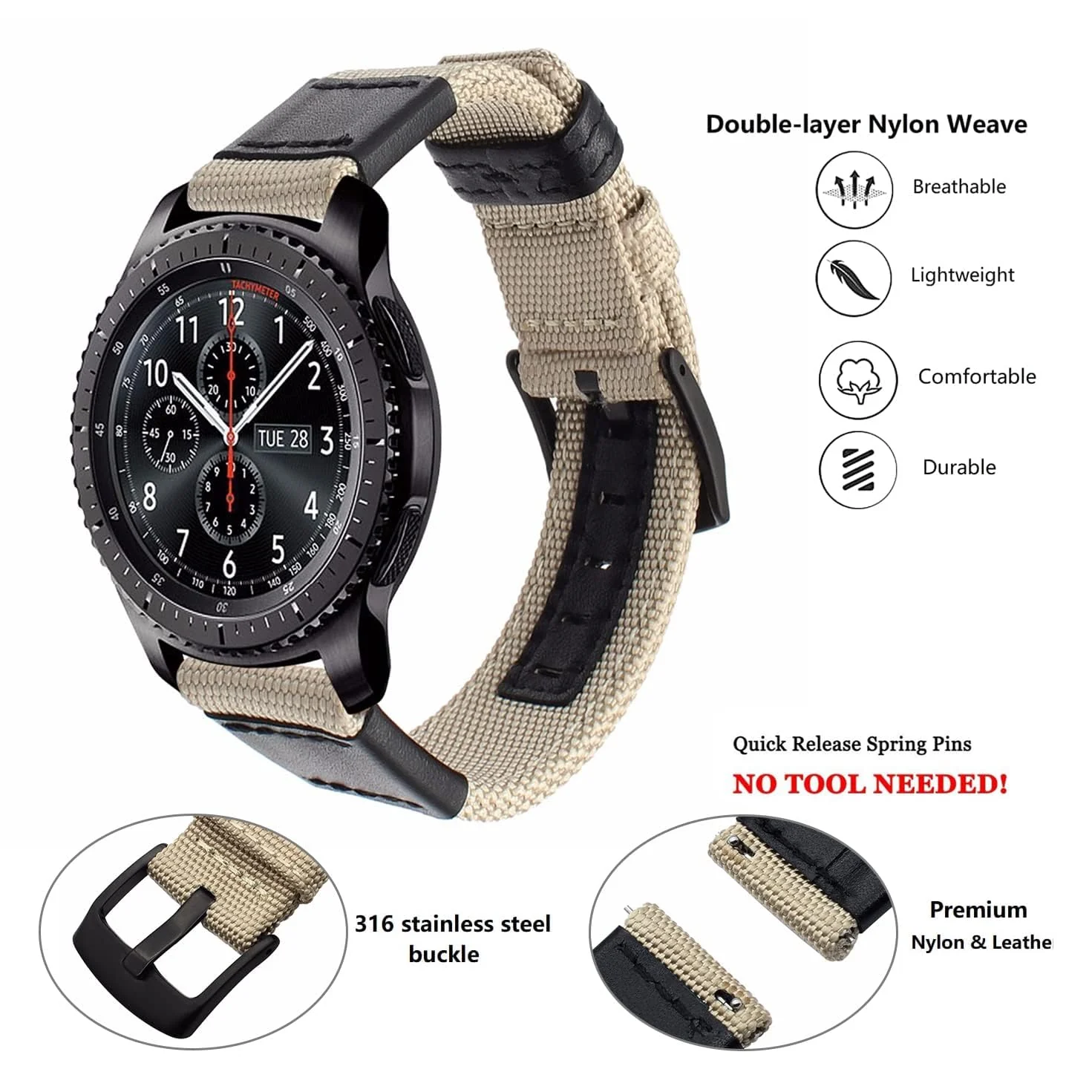 DL3 Mobilak Nylon Sports Bands With Leather 20MM Strap for Samsung Gear Sport, Watch 6, 4, 5, 5 Pro, S2 Classic, Active 2 40mm 44mm, Amazfit GTS 3, 4, 4 Mini, Bip 3 Pro, GTS2, Bp U - Beige