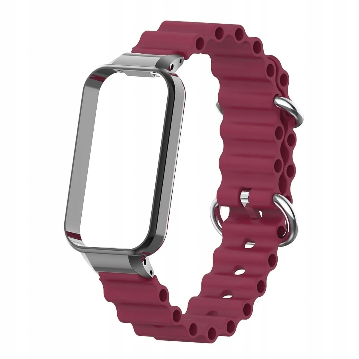 DL3 Mobilak Ocean Strap Compatible with Xiaomi Redmi Band 2/Smart Band 8 Active, Adjustable Silicone Band with Metal Buckle and Frame for Women and Men - Wine Red