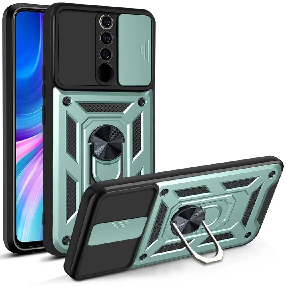 DL3 Mobilak Military-Grade Protective Case with Sliding Camera Cover, Metal Ring Kickstand and Magnetic Car-Mount Support for Xiaomi Redmi Note 8 Pro - Green