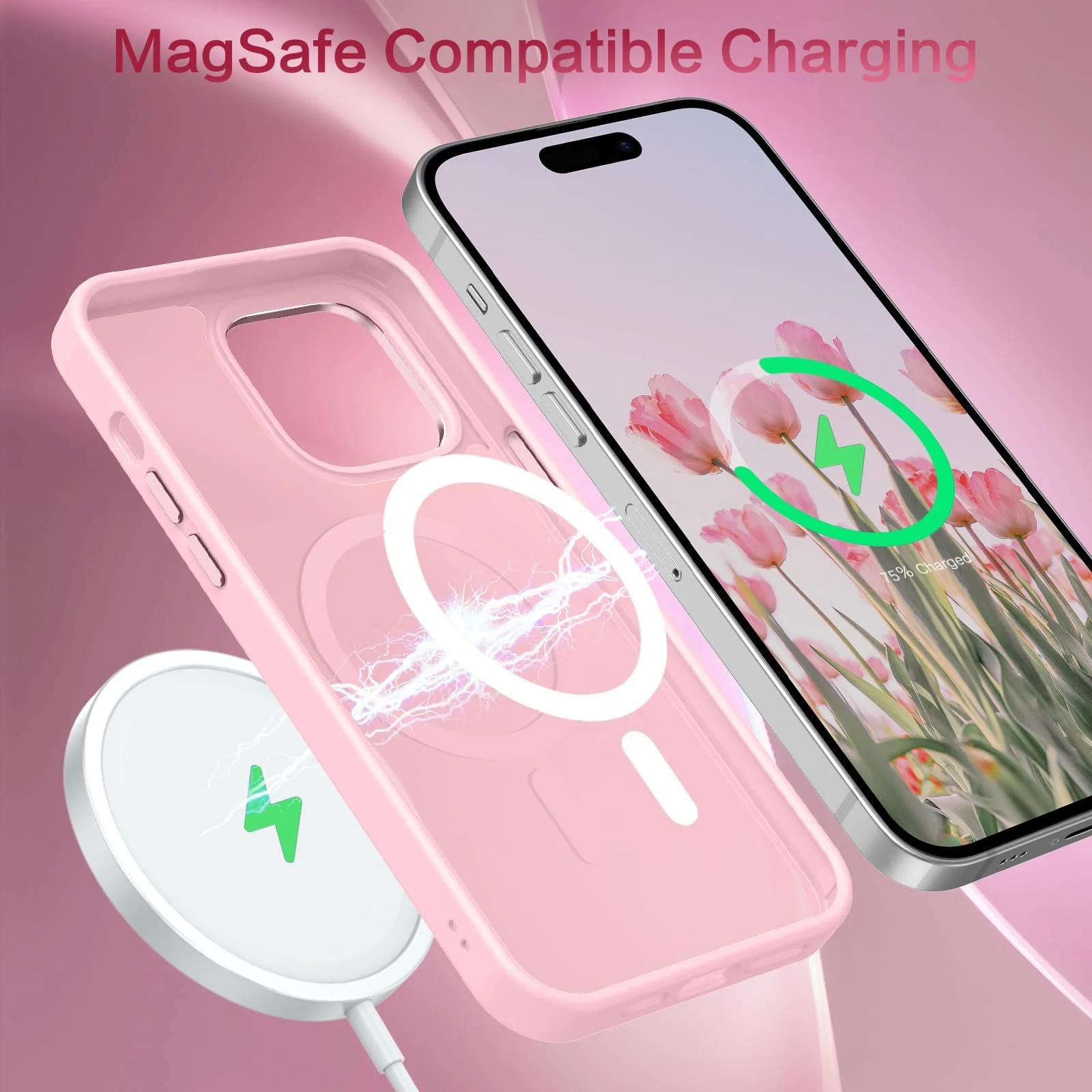 DL3 Mobilak Translucent Matte Case for iPhone 14 Pro Max 6.7-inch, Compatible with MagSafe accessories, Supports wireless charging, Built-in magnetic car-mount support - Pink