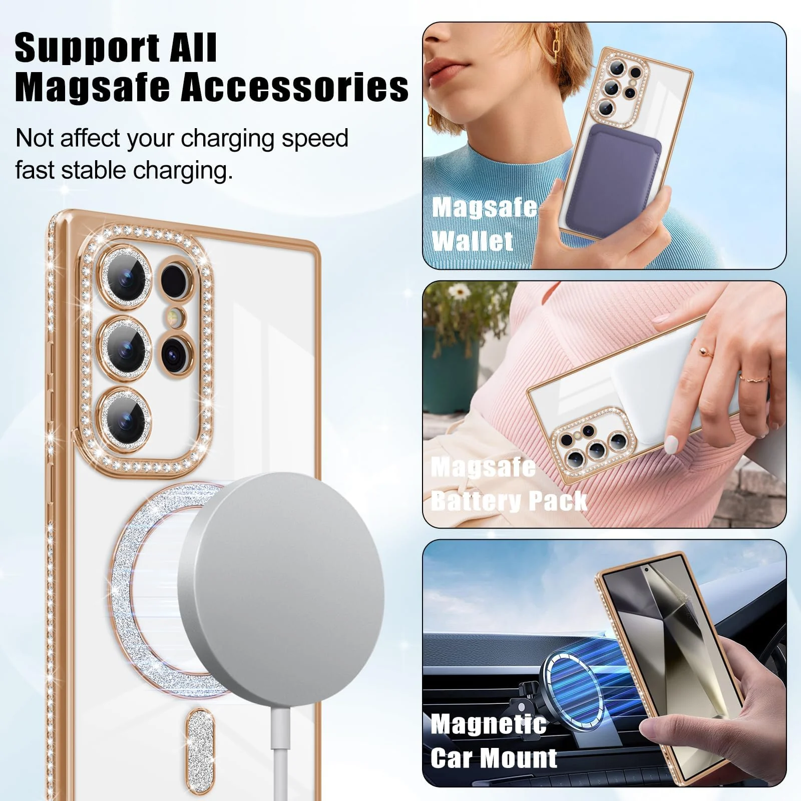 DL3 Mobilak MagSafe-Compatible Magnetic Case for Samsung Galaxy S24 Ultra with Camera Protection and Magnetic Car-Mount Support - Gold