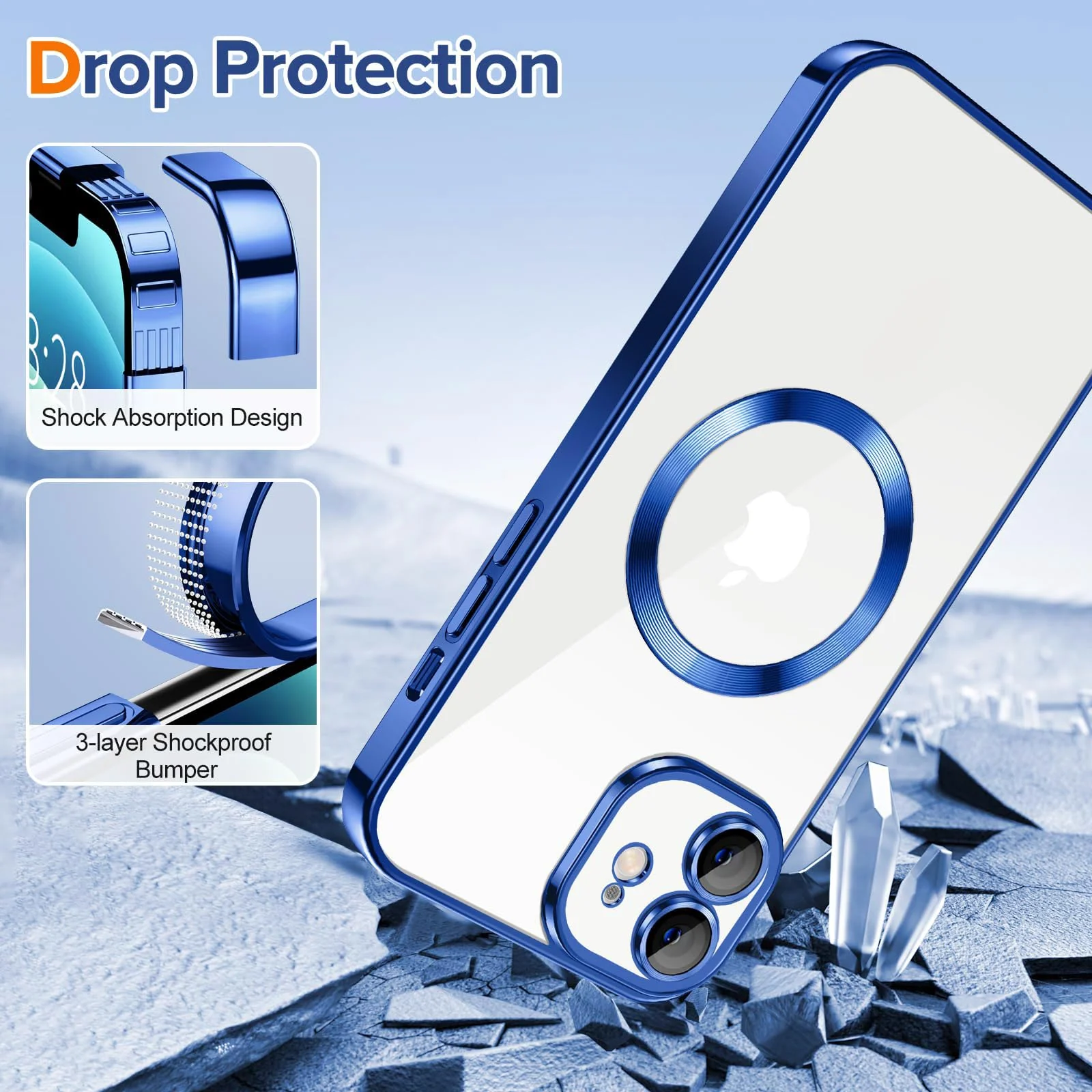 DL3 Mobilak Clear Case for iPhone 12 6.1-Inch with Built-in Camera Lens Protector, Slim Luxury Plating Edge Soft TPU Cover Protective, Transparent Case for Women Girls Men - Blue
