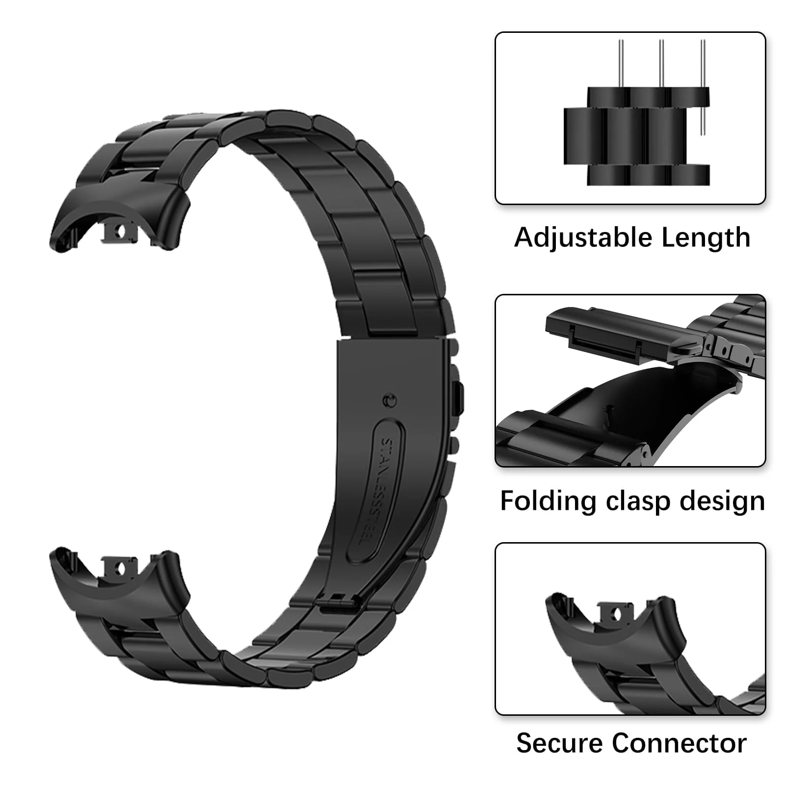 MOBIGON Stainless Steel Bracelet Strap with Double-Folding Clasp for Xiaomi Smart Band 8 / 9 / 10, Black